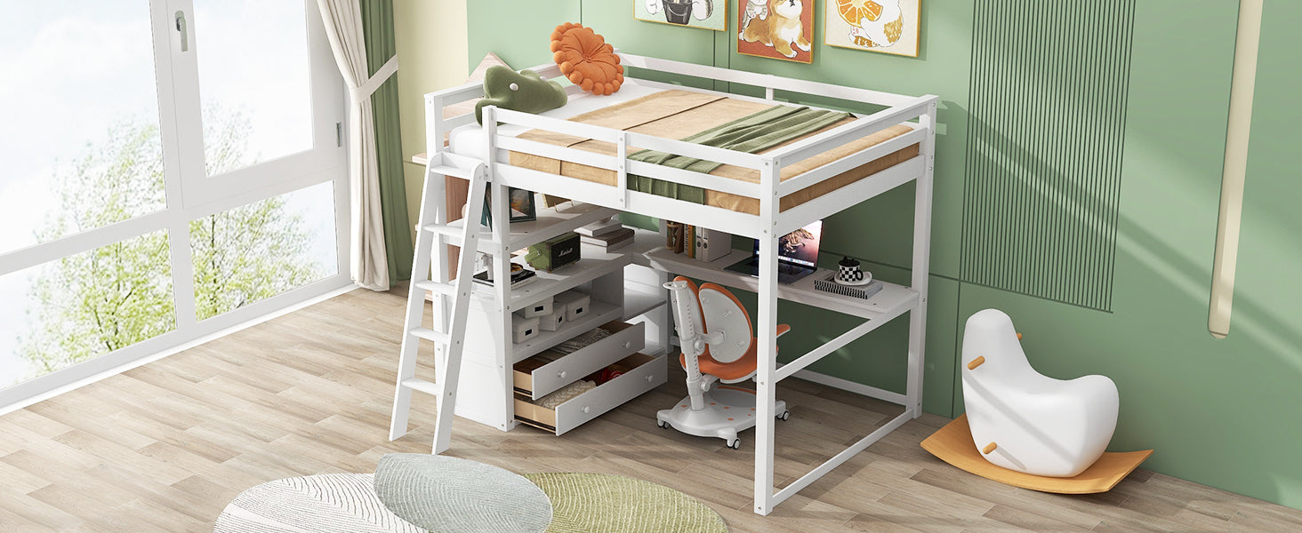 Full Size Loft Bed with Desk and Shelves,Two Built-in Drawers,White(Old SKU: SM000416AAK)