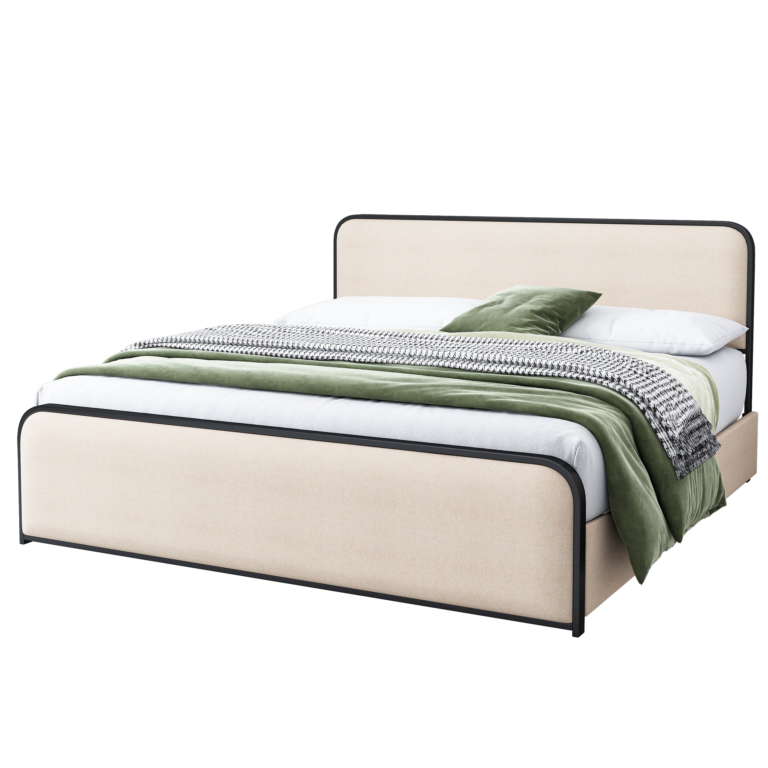 Modern Metal Bed Frame with Curved Upholstered Headboard and Footboard Bed with 4 Storage Drawers, Heavy Duty Metal Slats, King Size, Beige - Atlantic Fine Furniture Melbourne FL