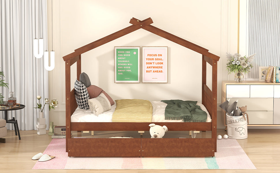 Full Size Wooden House Bed with Drawers, Walnut - Atlantic Fine Furniture Melbourne FL