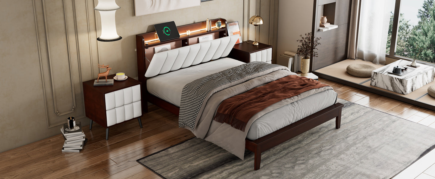 Full size Platform Bed with USB Charging Station and Storage Upholstered Headboard,LED Bed Frame,No Box Spring Needed,Walnut+Beige - Atlantic Fine Furniture Melbourne FL