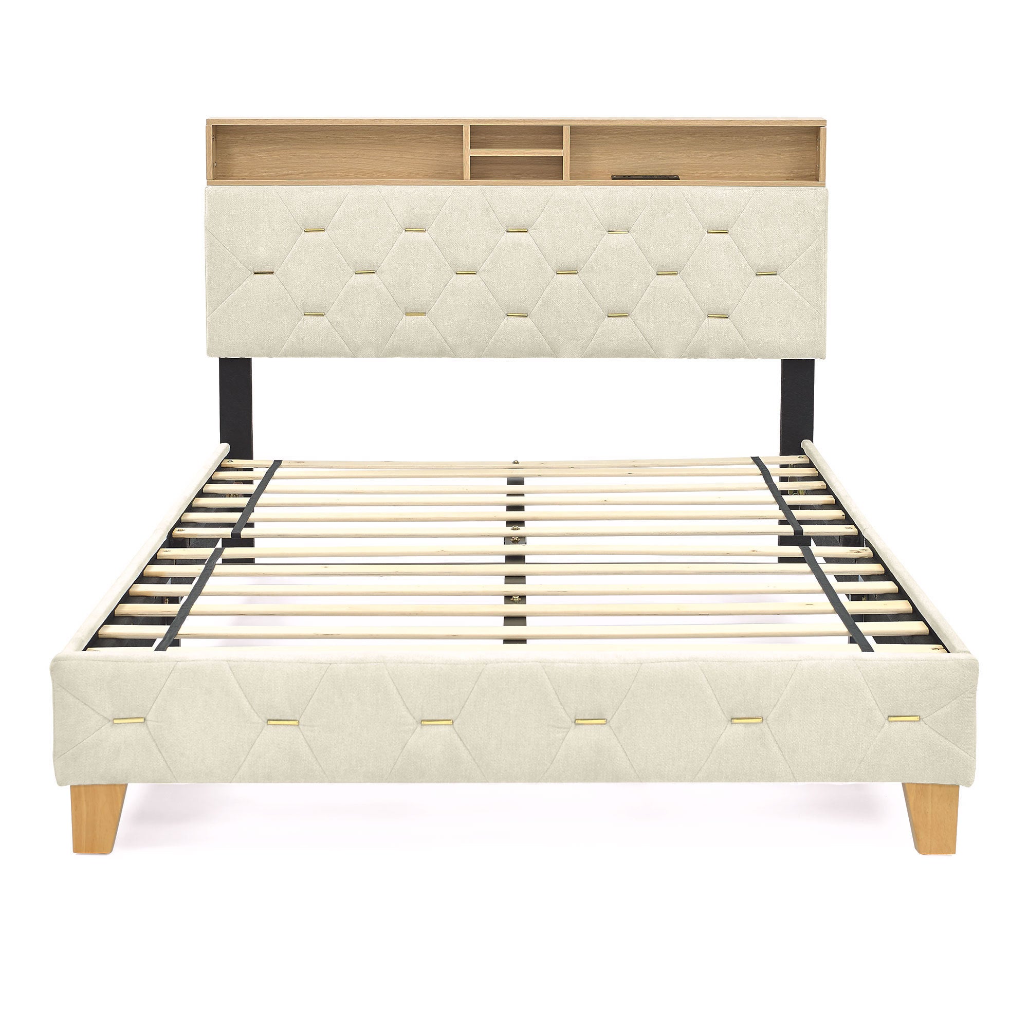 Queen Size Bed Frame, Shelf Upholstered Headboard, Platform Bed with Outlet & USB Ports, Wood Legs, No Box Spring Needed, Easy Assembly, Beige - Atlantic Fine Furniture Melbourne FL
