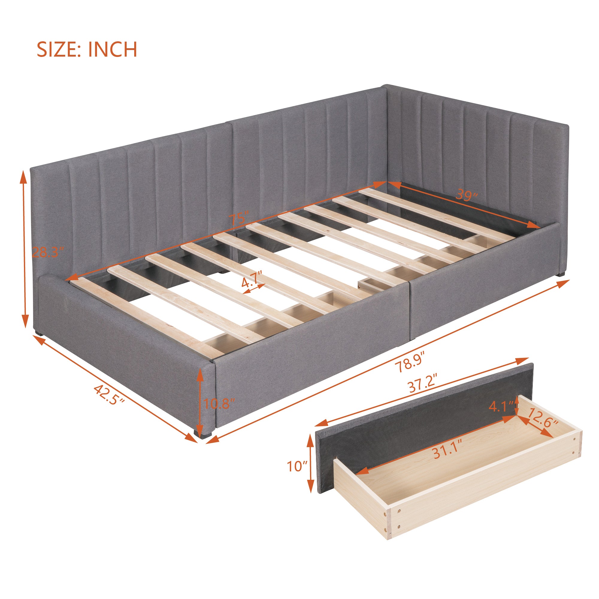 Upholstered Daybed with 2 Storage Drawers Twin Size Sofa Bed Frame No Box Spring Needed, Linen Fabric (Gray) - Atlantic Fine Furniture Melbourne FL