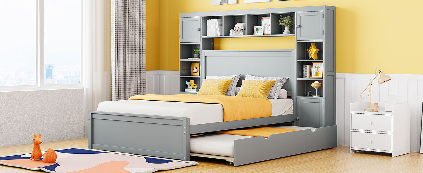 Full Size Wooden Bed With All-in-One Cabinet, Shelf and Sockets, Gray