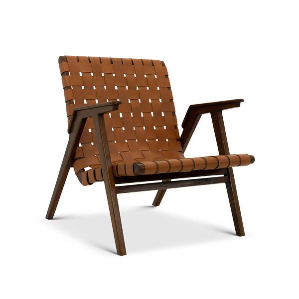David - Genuine Leather Teak Lounge Chair - Light Brown