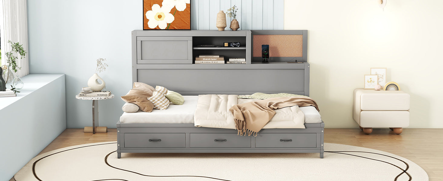 Full Size Wooden Daybed with 3 Storage Drawers, Upper Soft Board, shelf, and a set of Sockets and USB Ports, Gray - Atlantic Fine Furniture Melbourne FL
