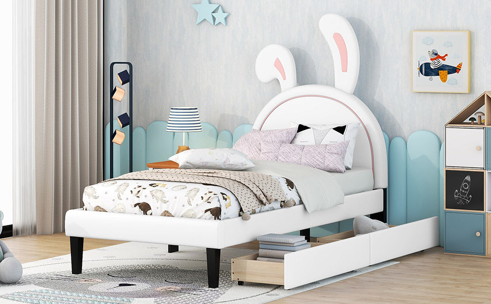 Twin Size Upholstered Leather Platform Bed with Rabbit Ornament and 2 Drawers, White - Atlantic Fine Furniture Melbourne FL