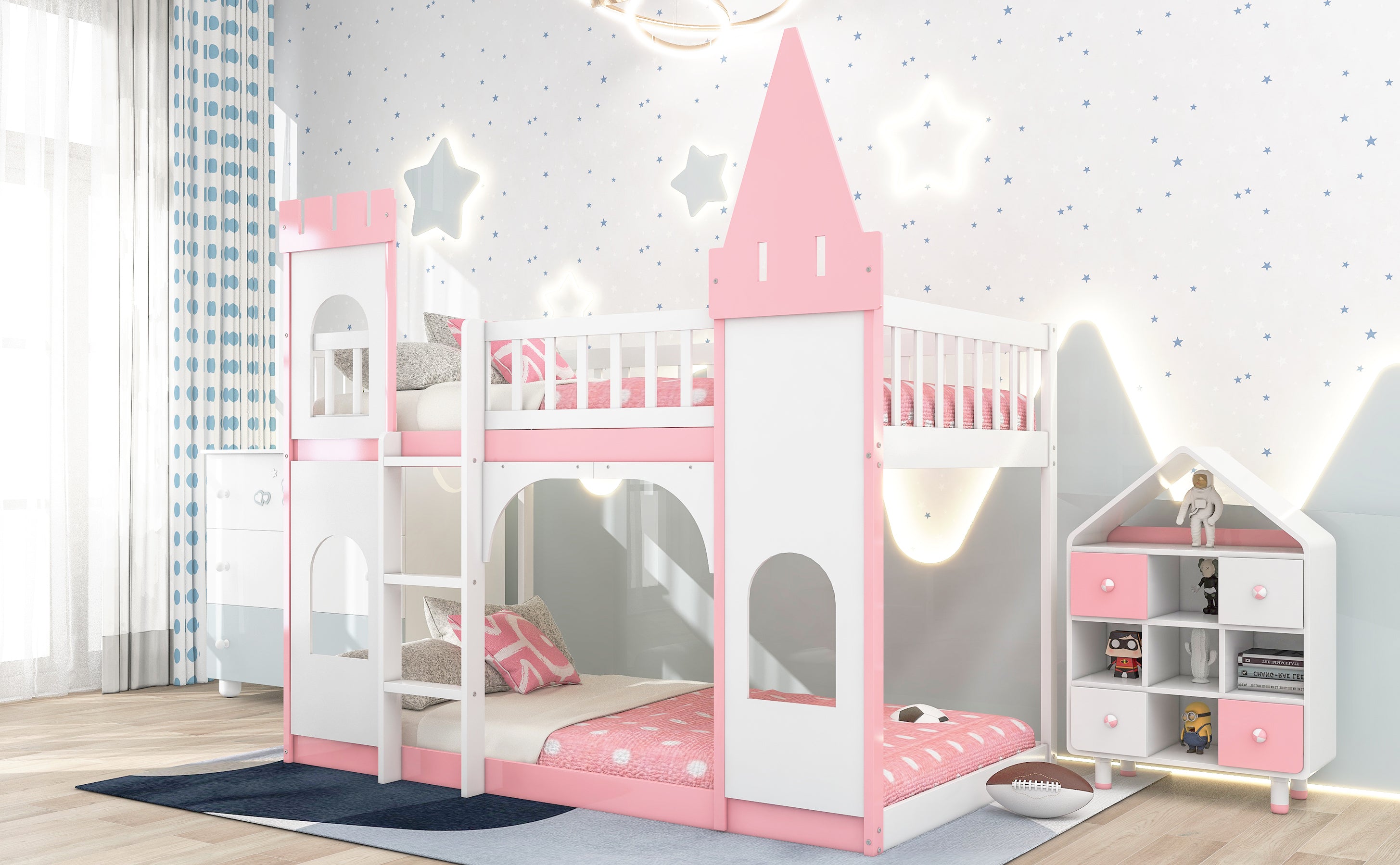 Twin Over Twin Castle Bunk Bed with Ladder - Pink - Atlantic Fine Furniture Melbourne FL