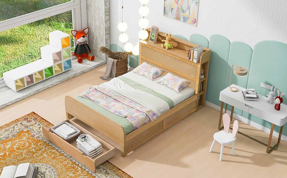 Full Size Platform Bed with Storage Headboard and a Big Drawer, Wood Color - Atlantic Fine Furniture Melbourne FL
