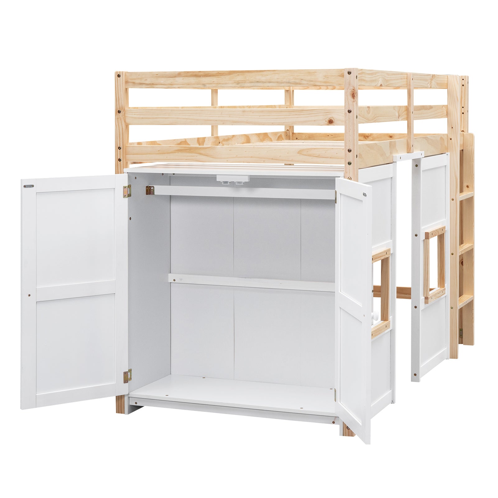Wood Twin Size Loft Bed with Built-in Storage Wardrobe and 2 Windows, Natural/White - Atlantic Fine Furniture Melbourne FL