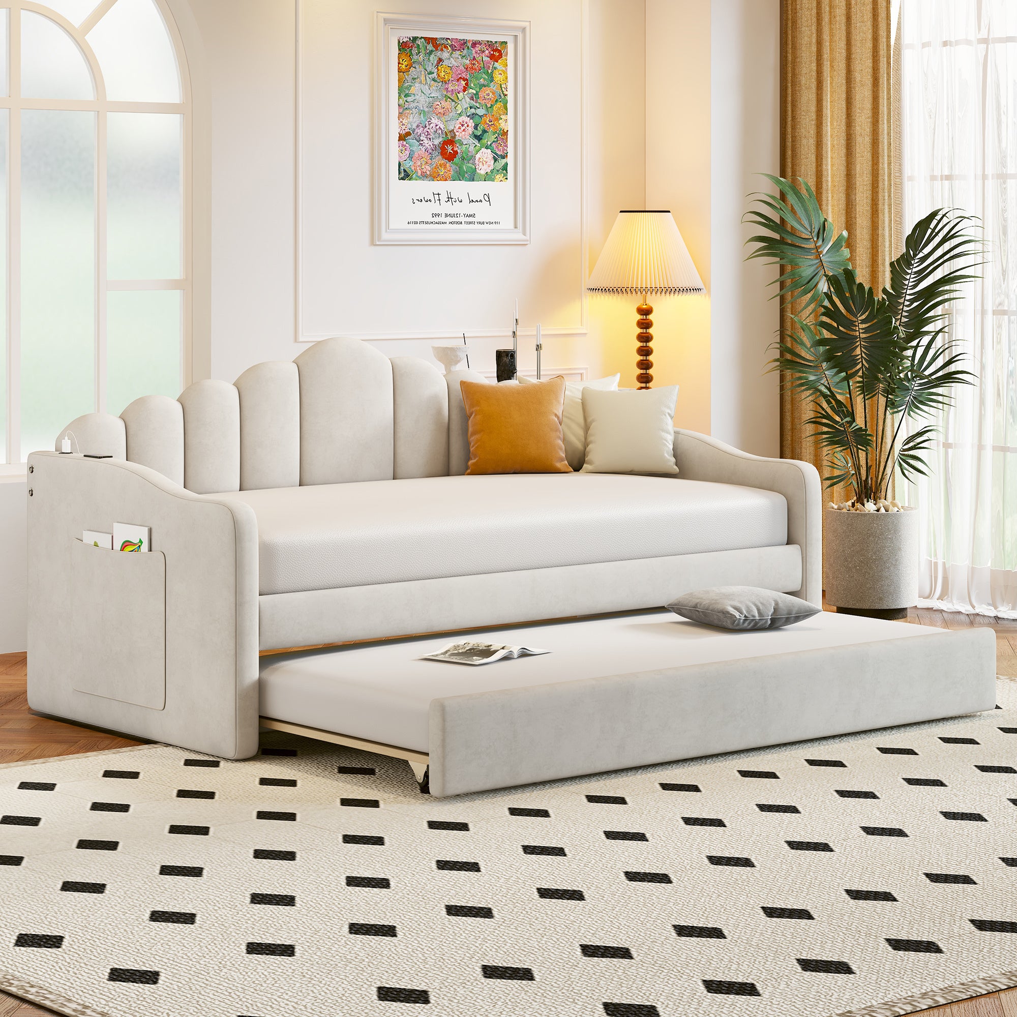 Twin size Upholstered Daybed with Trundle ,Velvet Sofabed with USB Charging Ports,No Box-spring Needed,Beige - Atlantic Fine Furniture Melbourne FL