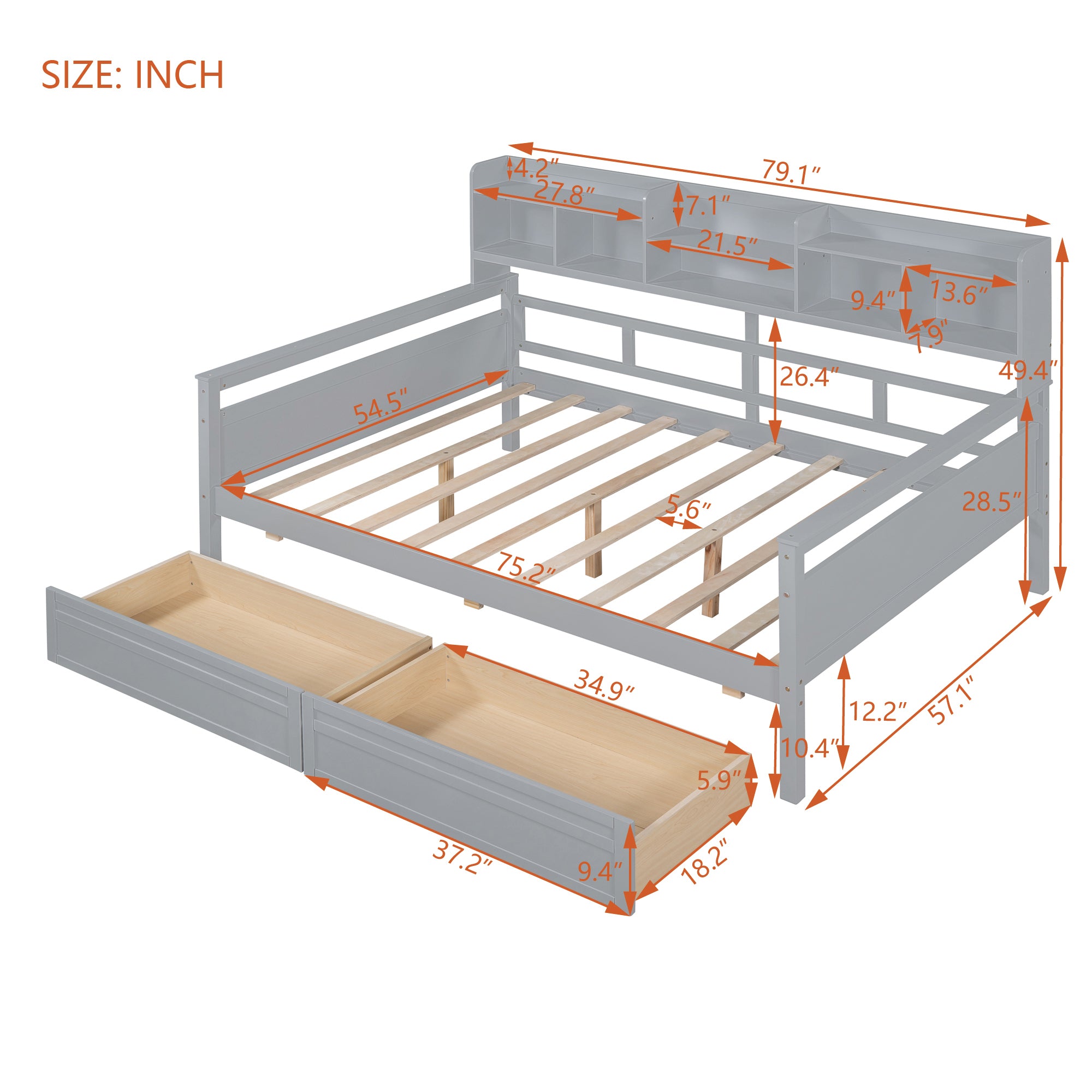 Full size Daybed, Wood Slat Support, with Bedside Shelf and Two Drawers, Gray - Atlantic Fine Furniture Melbourne FL