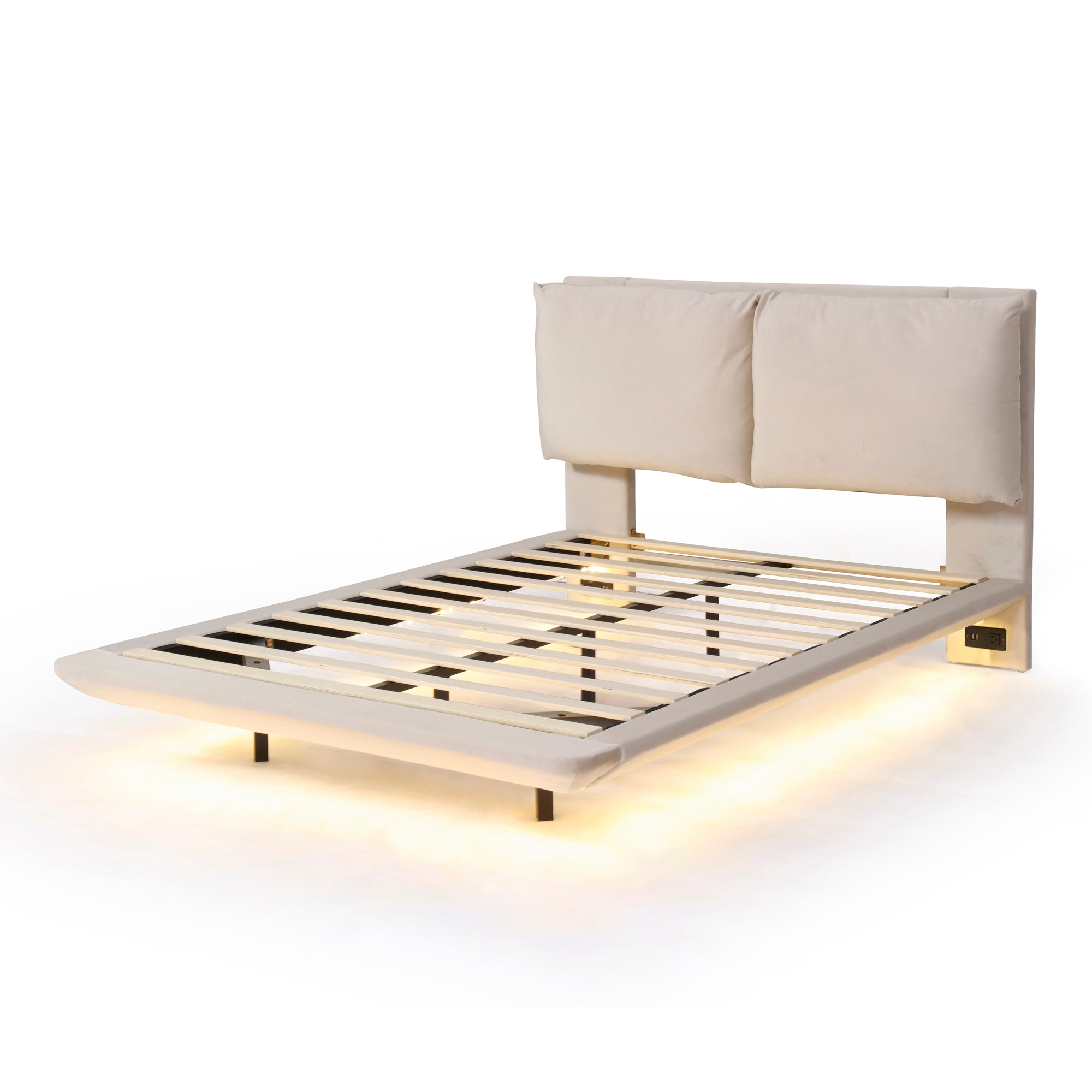 Full Size Upholstered Platform Bed with Sensor Light and 2 Large Backrests, Stylish Platform Bed with 2 sets of USB Port and Socket on each rear Bed Leg, Beige - Atlantic Fine Furniture Melbourne FL