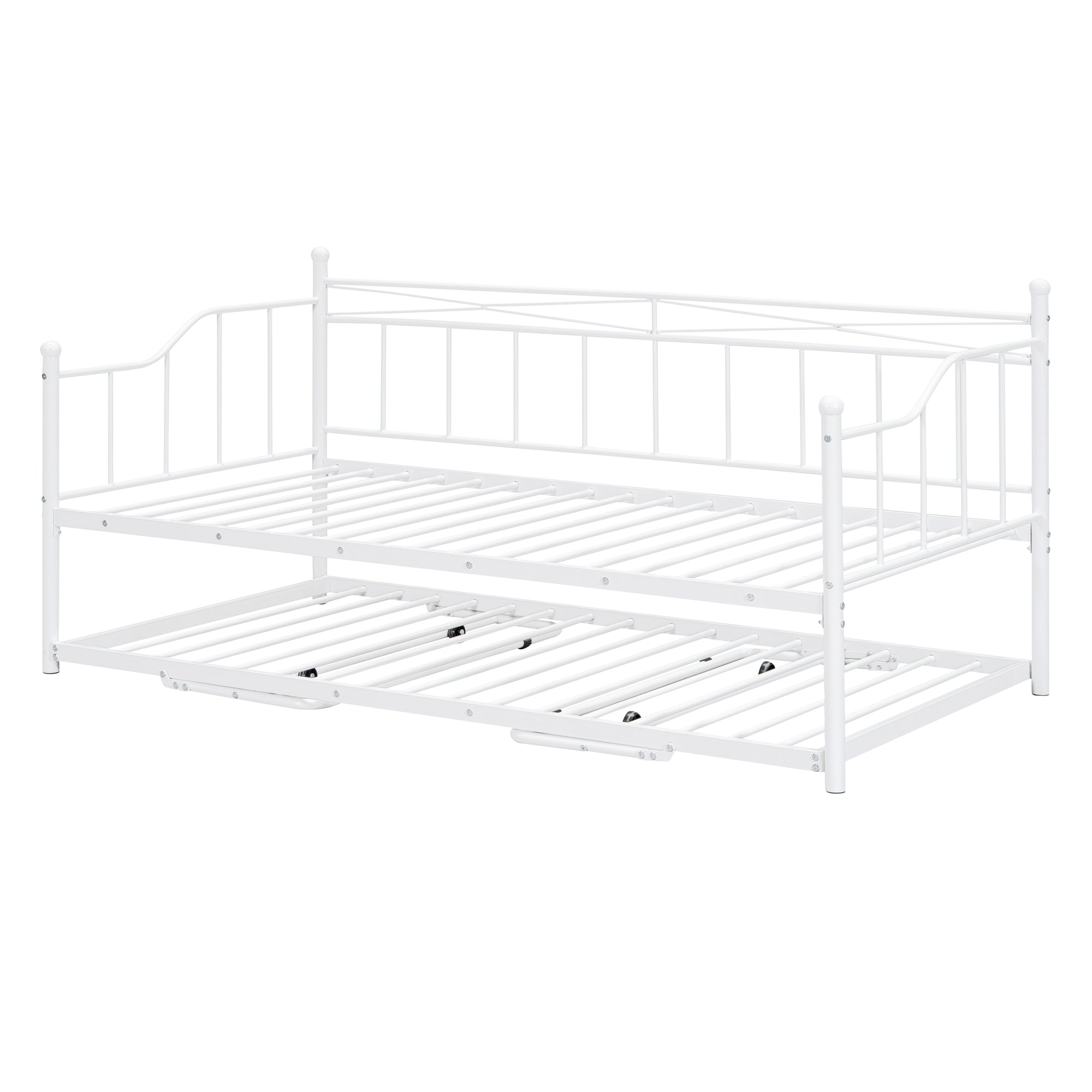 Twin Size Metal Daybed with Twin Size Adjustable Trundle, Portable Folding Trundle, White