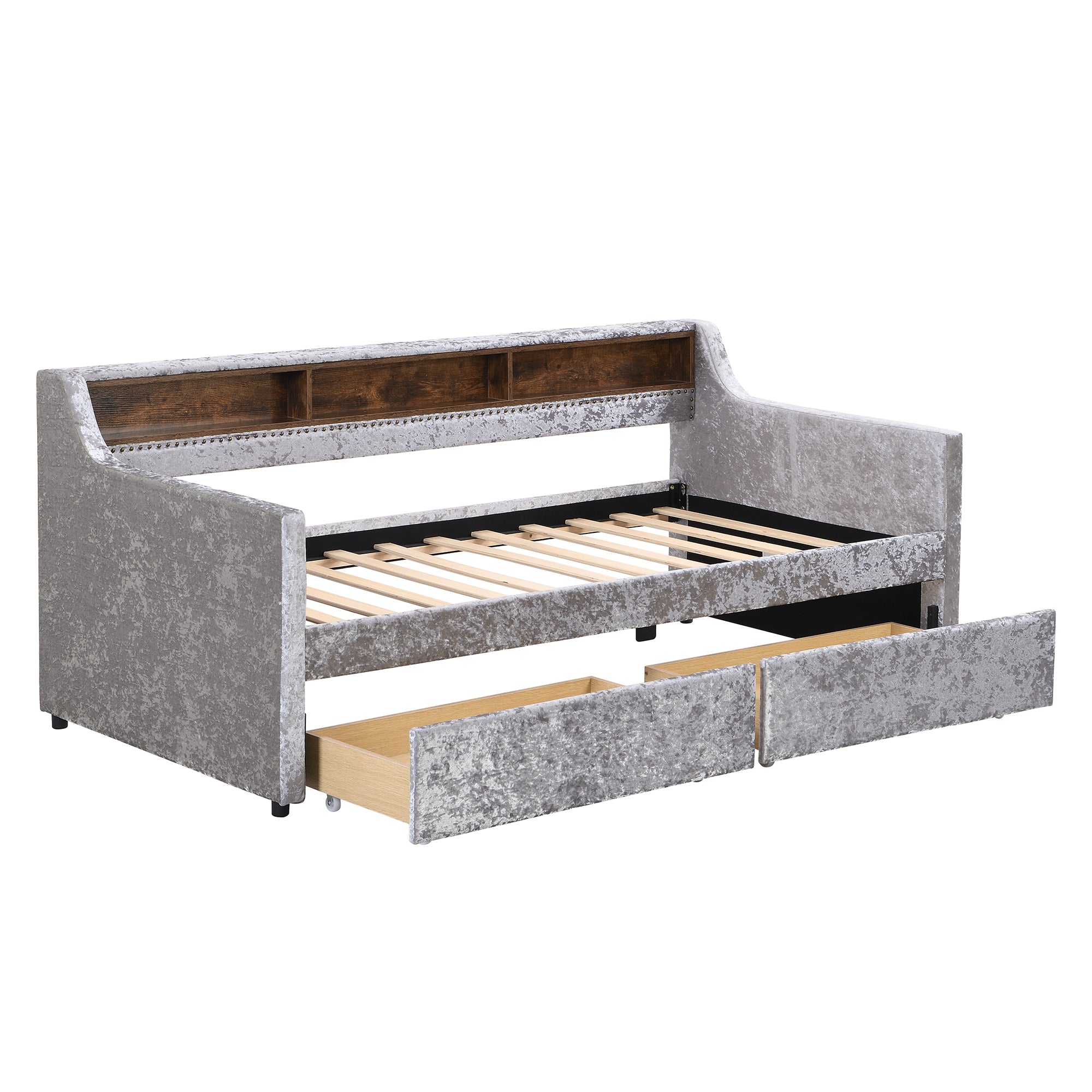 Twin Size Snowflake Velvet Daybed with Two Storage Drawers and Built-in Storage Shelves,Gray - Atlantic Fine Furniture Melbourne FL