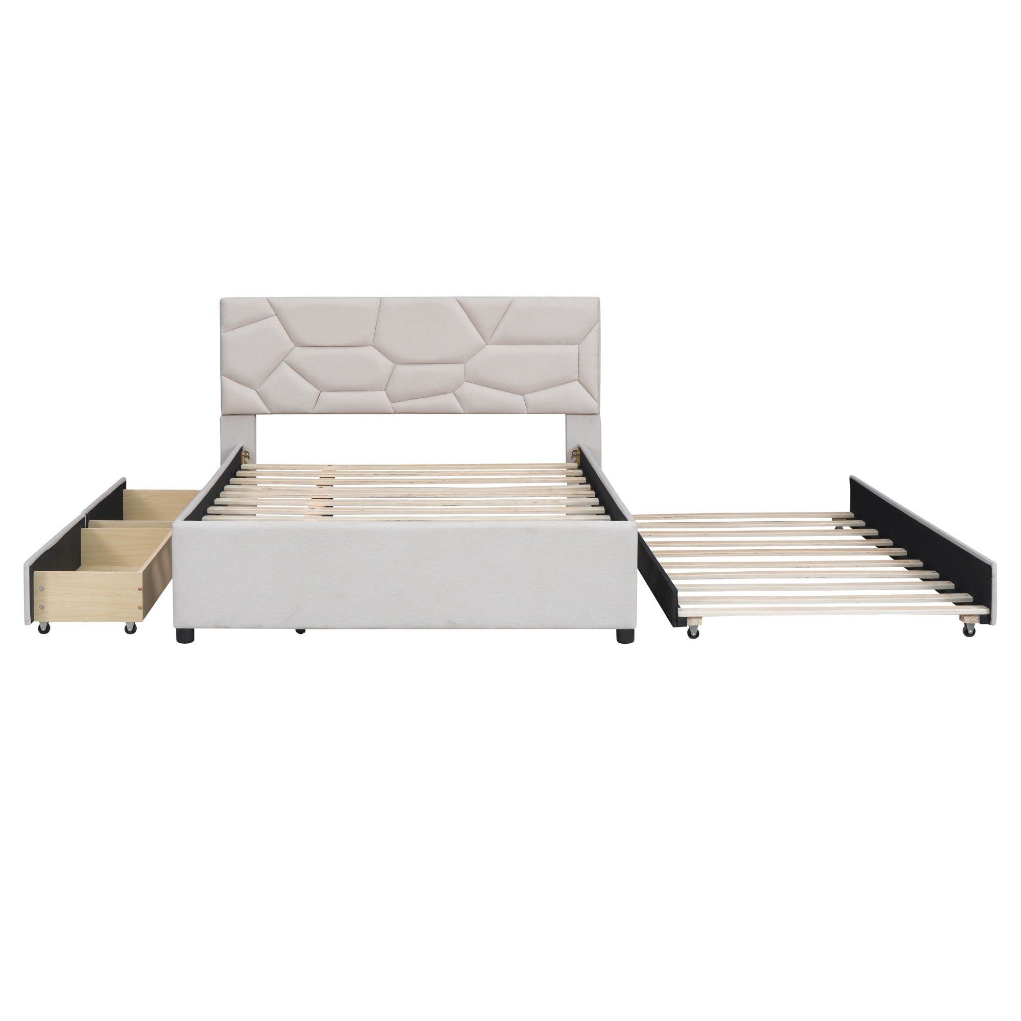 Full Size Upholstered Platform Bed with Brick Pattern Headboard, with Twin Size Trundle and 2 Drawers, Linen Fabric, Beige - Atlantic Fine Furniture Melbourne FL