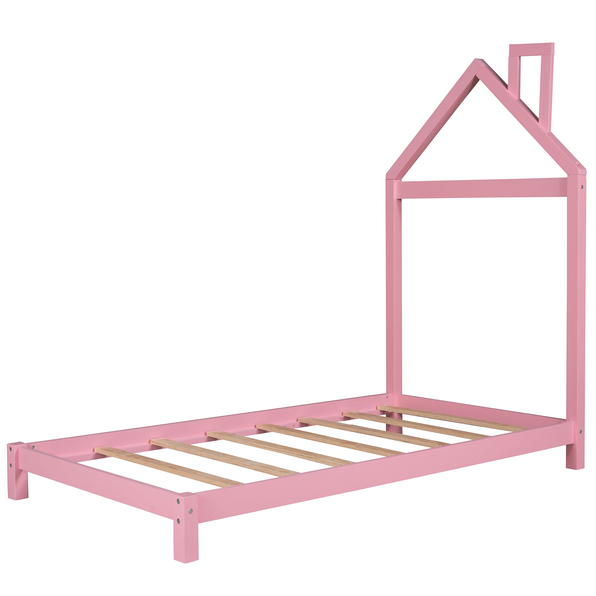 Twin Size Wood Platform Bed with House-shaped Headboard (Pink)