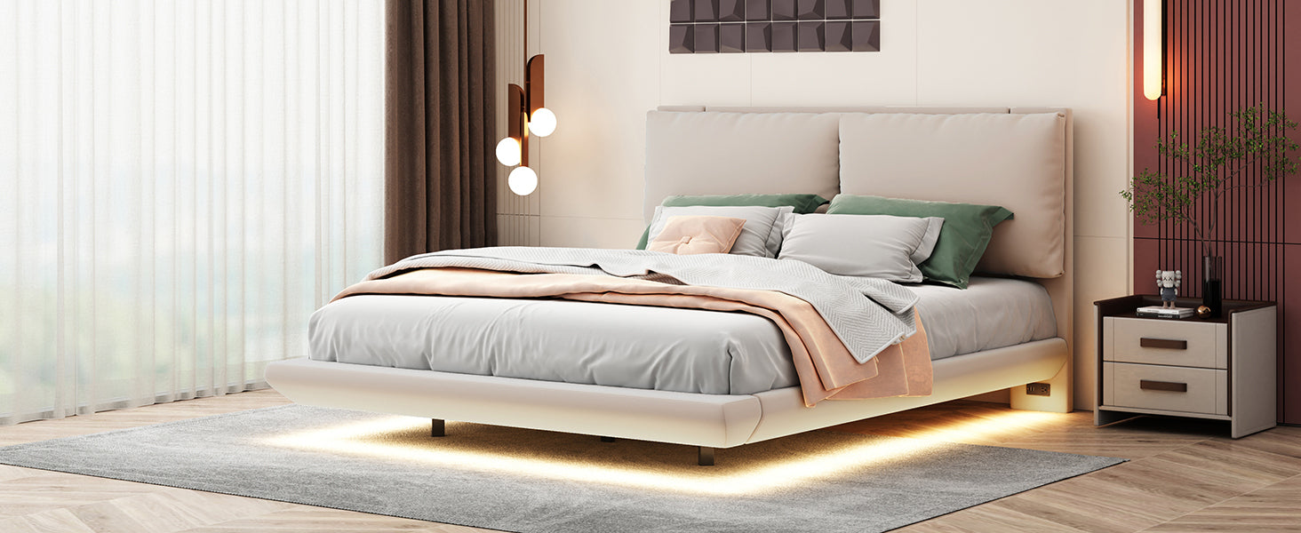 Queen Size Upholstered Platform Bed with Sensor Light and 2 Large Backrests, Stylish Platform Bed with 2 sets of USB Port and Socket on each rear Bed Leg, Beige - Atlantic Fine Furniture Melbourne FL