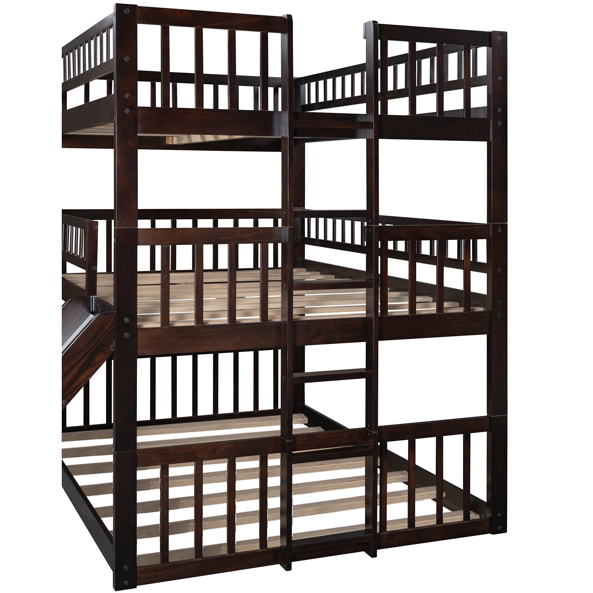 Full-Over-Full-Over-Full Triple Bed with Built-in Ladder and Slide , Triple Bunk Bed with Guardrails, Espresso(OLD SKU :LP000052AAP) - Atlantic Fine Furniture Melbourne FL