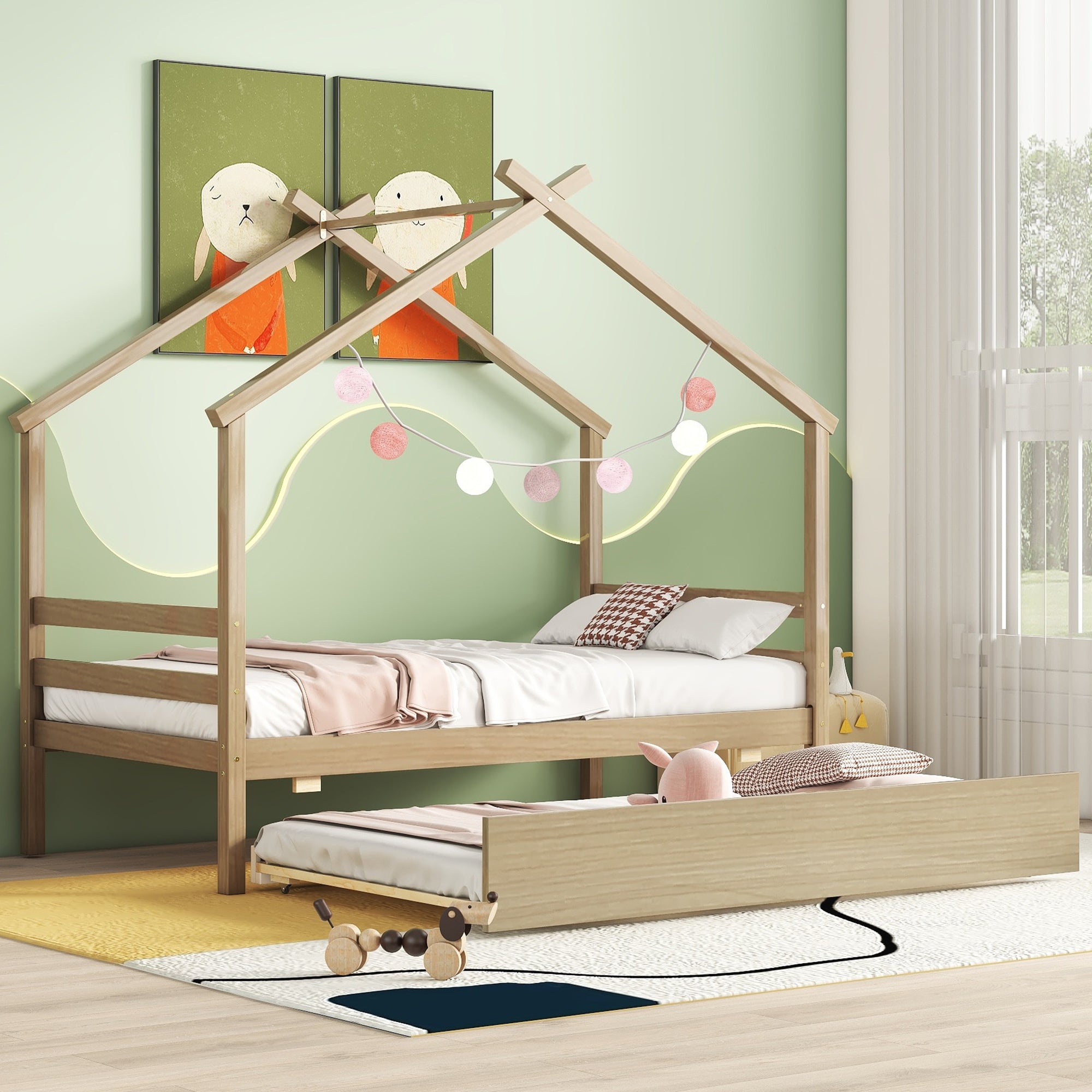 Twin Size House-shaped Bed with Trundle,Natural