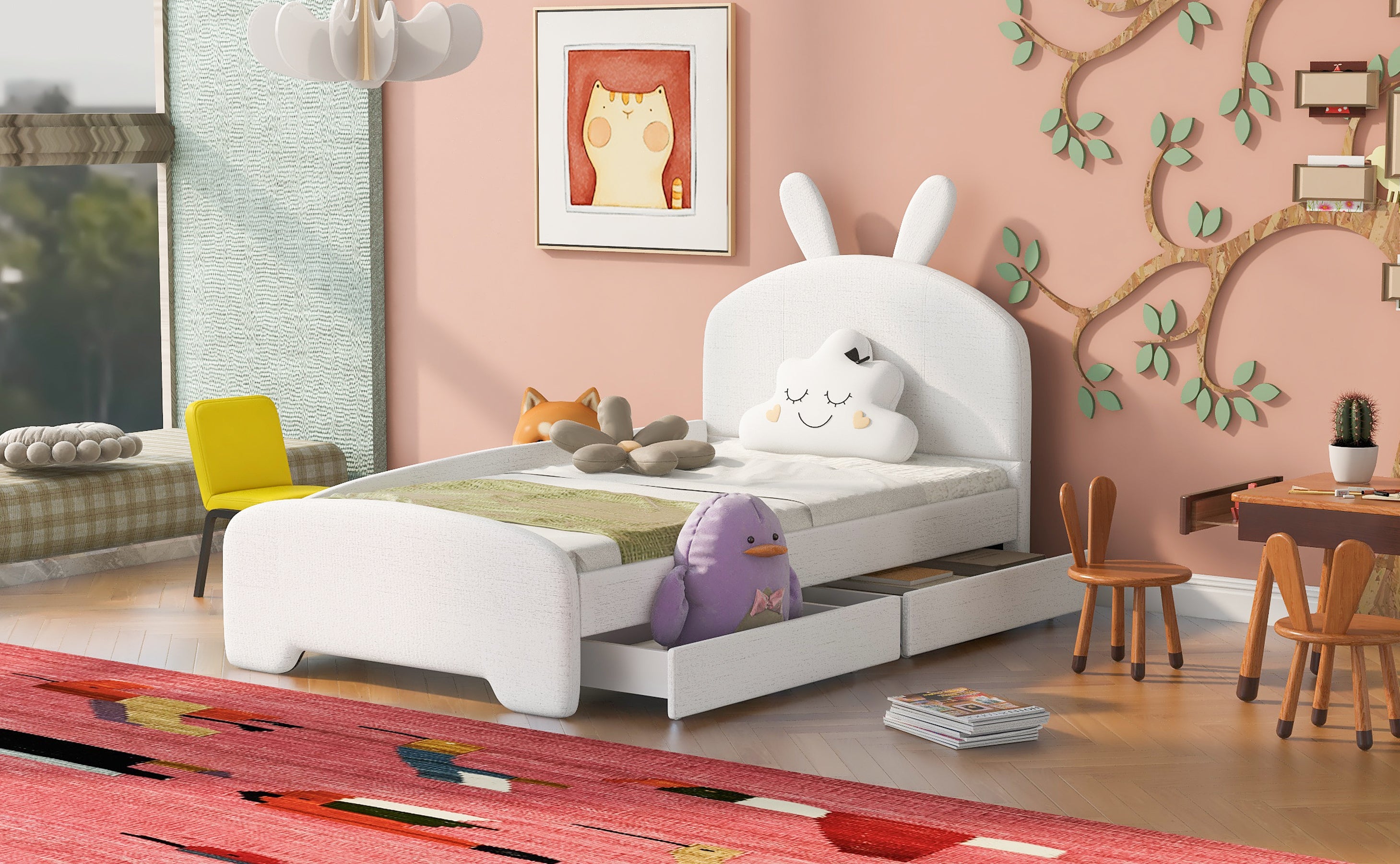 Twin Size Upholstered Platform Bed with Cartoon Ears Shaped Headboard and 2 Drawers, White - Atlantic Fine Furniture Melbourne FL