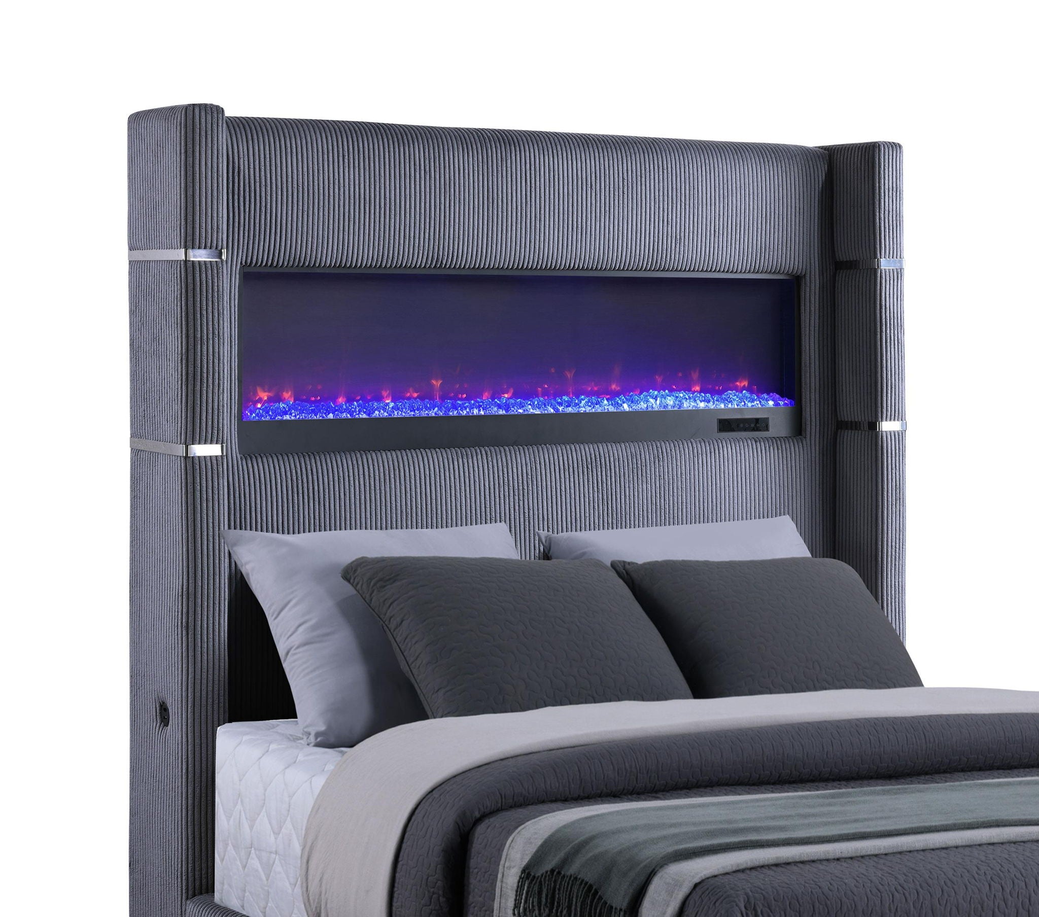 Tisdall Upholstered Queen Flame Visualizer Bed Grey