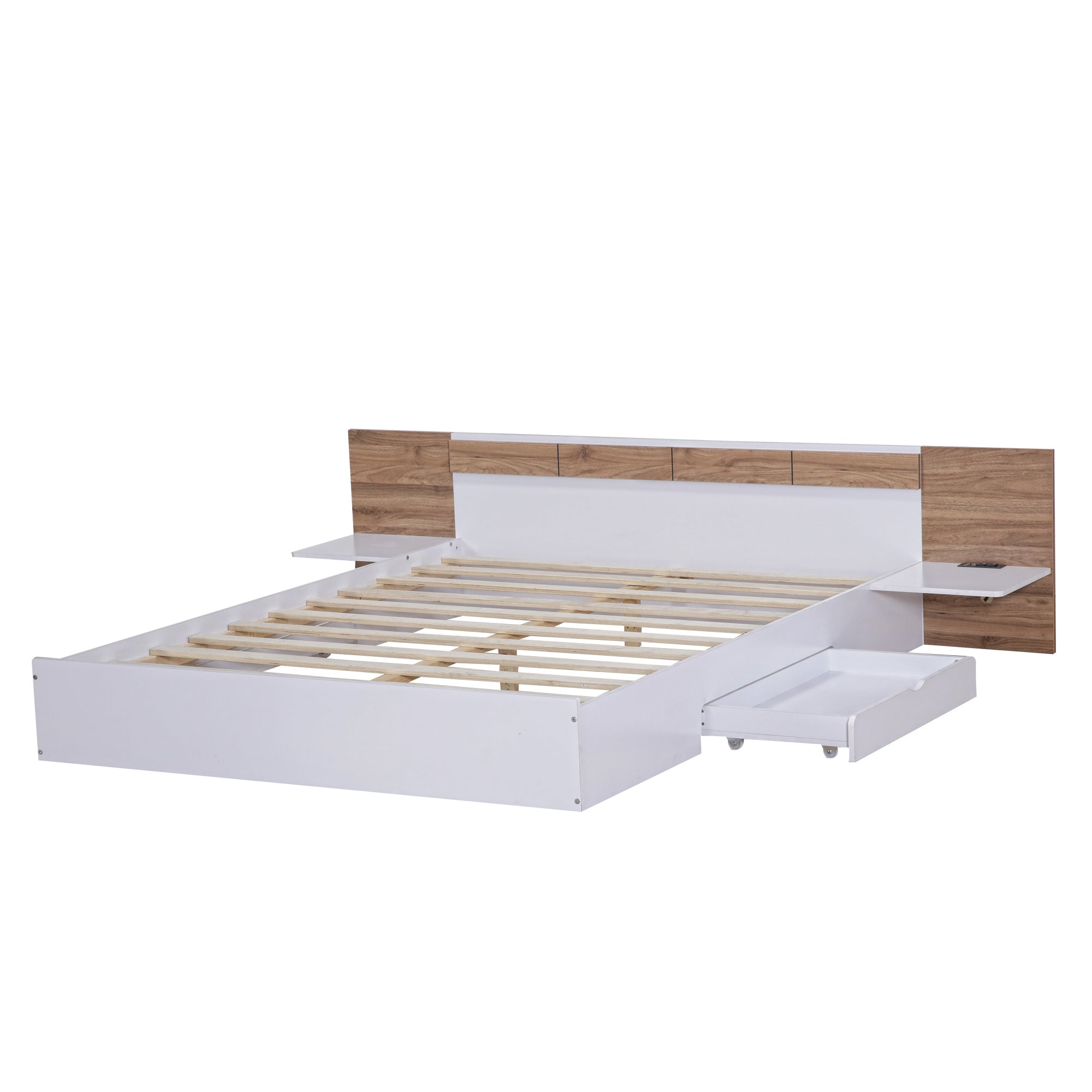 Queen Size Platform Bed with Headboard, Drawers, Shelves, USB Ports and Sockets, White