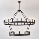 2 Tiers Wagon Wheel Chandelier Wooden Farmhouse 36 Light (24 / 12) Or (12 / 24) Metal Chandeliers 2 Story Light Fixtures Industrial For High Ceiling Living Dining Room Foyer, Adjustable Height - Black