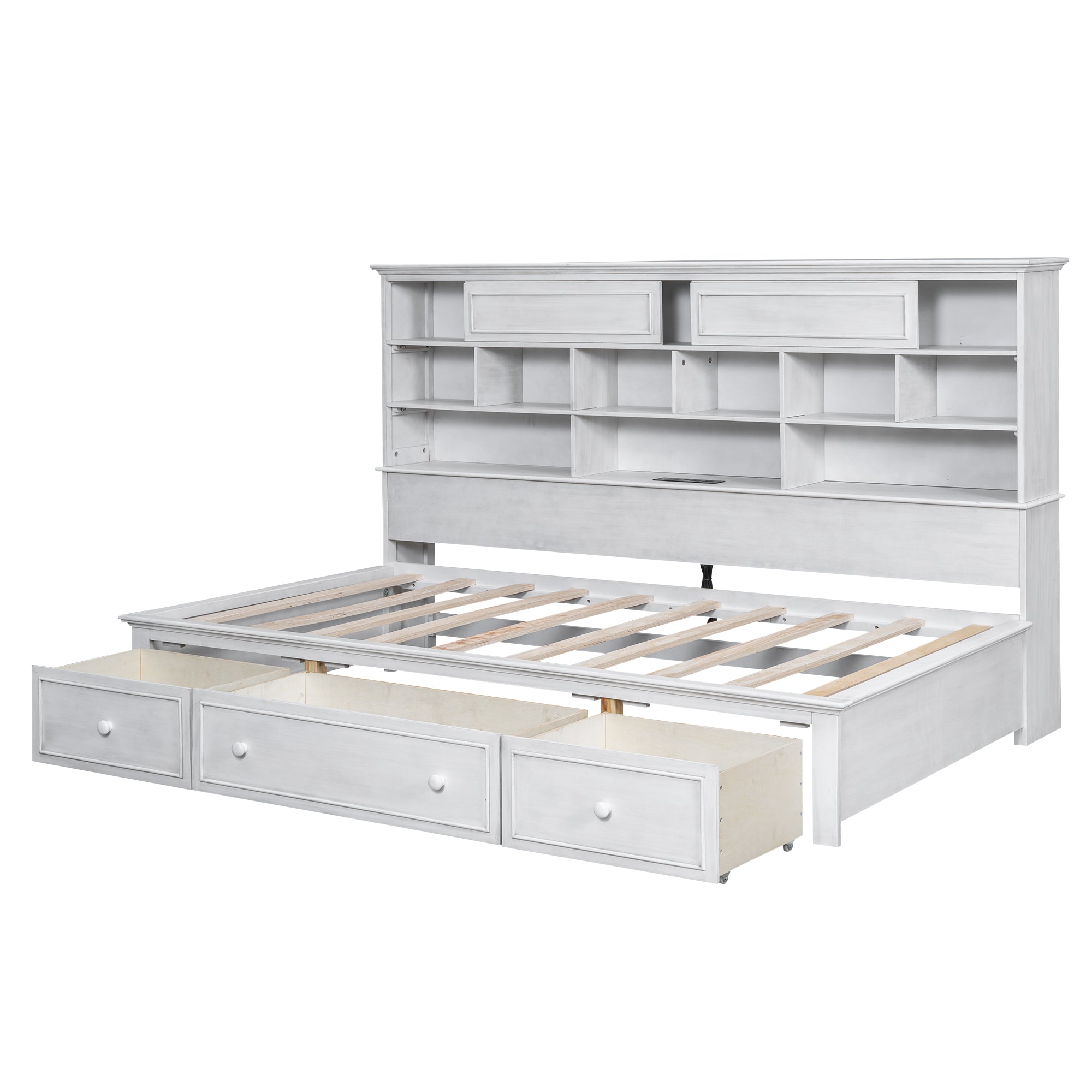 Twin Size Wood Daybed with Multi-Storage Shelves, Charging Station and 3 Drawers, Antique White - Atlantic Fine Furniture Melbourne FL