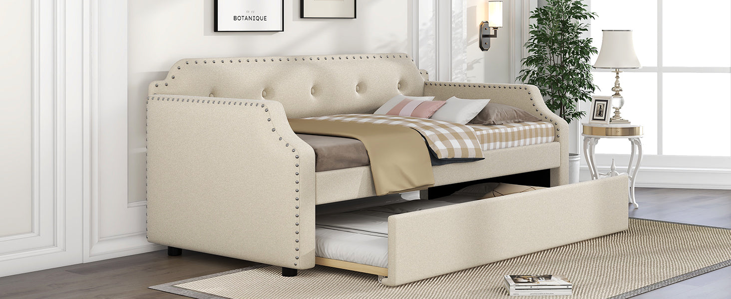 Upholstered Daybed with Trundle, Wood Slat Support,Upholstered Frame Sofa Bed, Twin, Beige - Atlantic Fine Furniture Melbourne FL