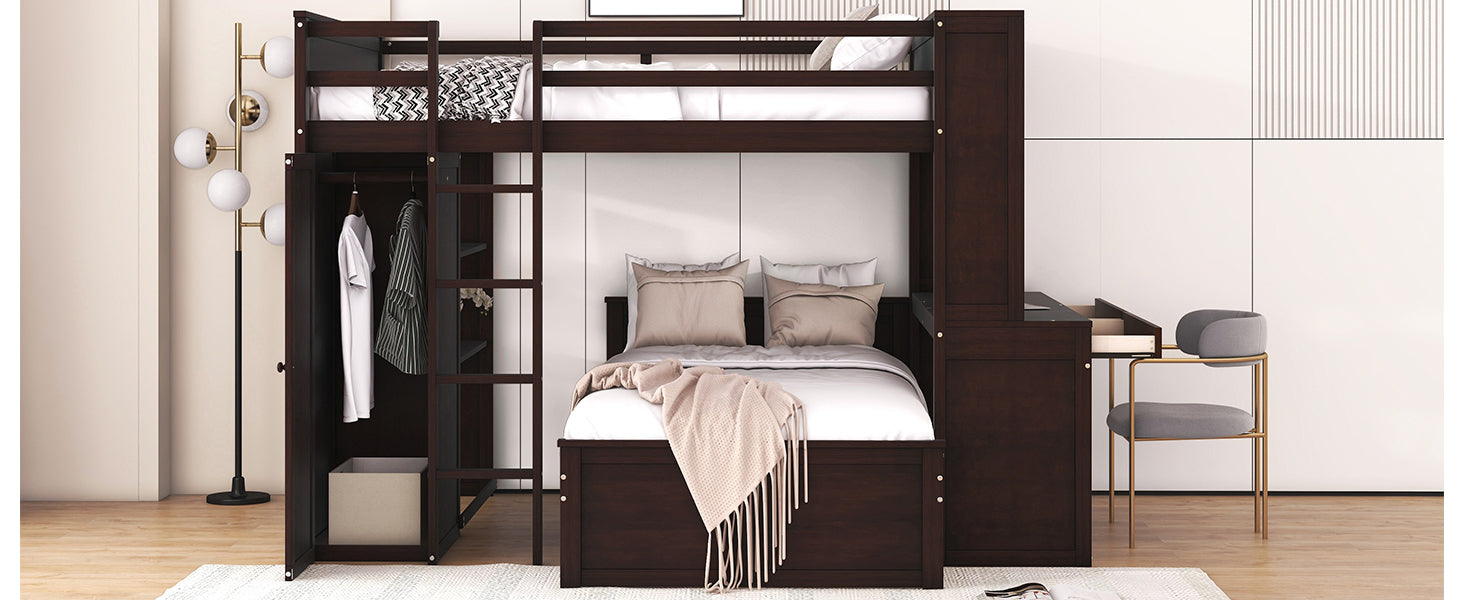 Full size Loft Bed with a twin size Stand-alone bed, Shelves,Desk,and Wardrobe-Espresso - Atlantic Fine Furniture Melbourne FL