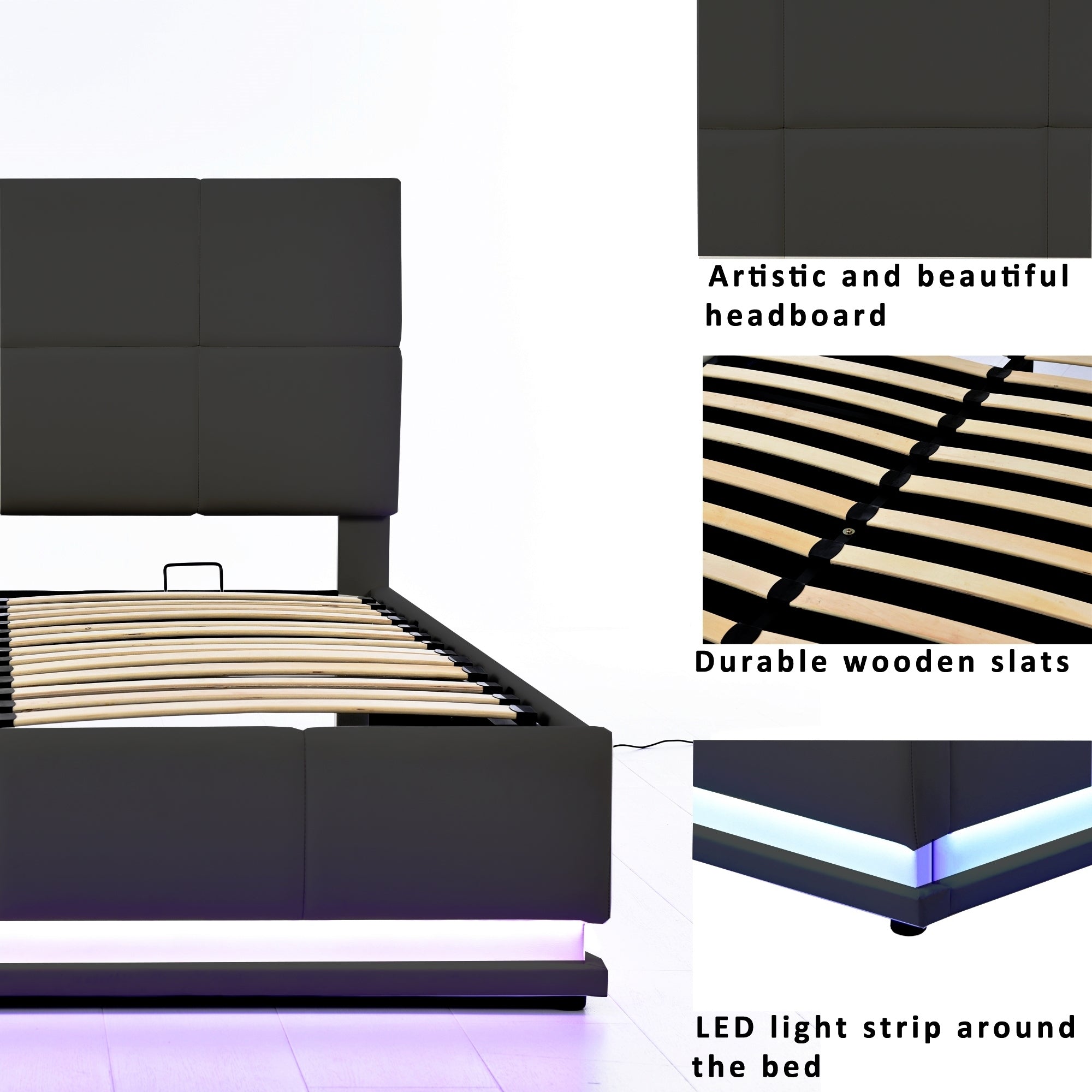 Full Size Tufted Upholstered Platform Bed with Hydraulic Storage System,PU Storage Bed with LED Lights and USB charger, Black - Atlantic Fine Furniture Melbourne FL