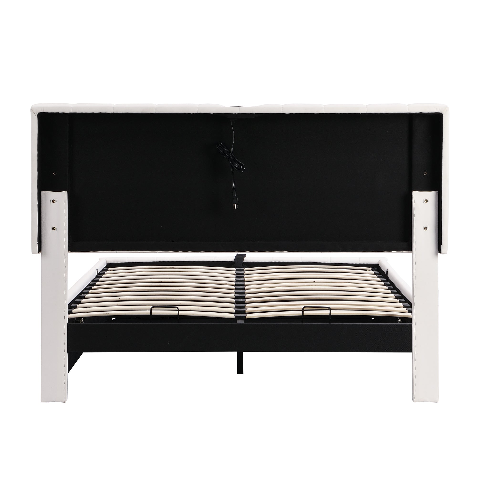 Full Size Upholstered Bed with Hydraulic Storage System and LED Light, Modern Platform Bed with Sockets and USB Ports, White - Atlantic Fine Furniture Melbourne FL