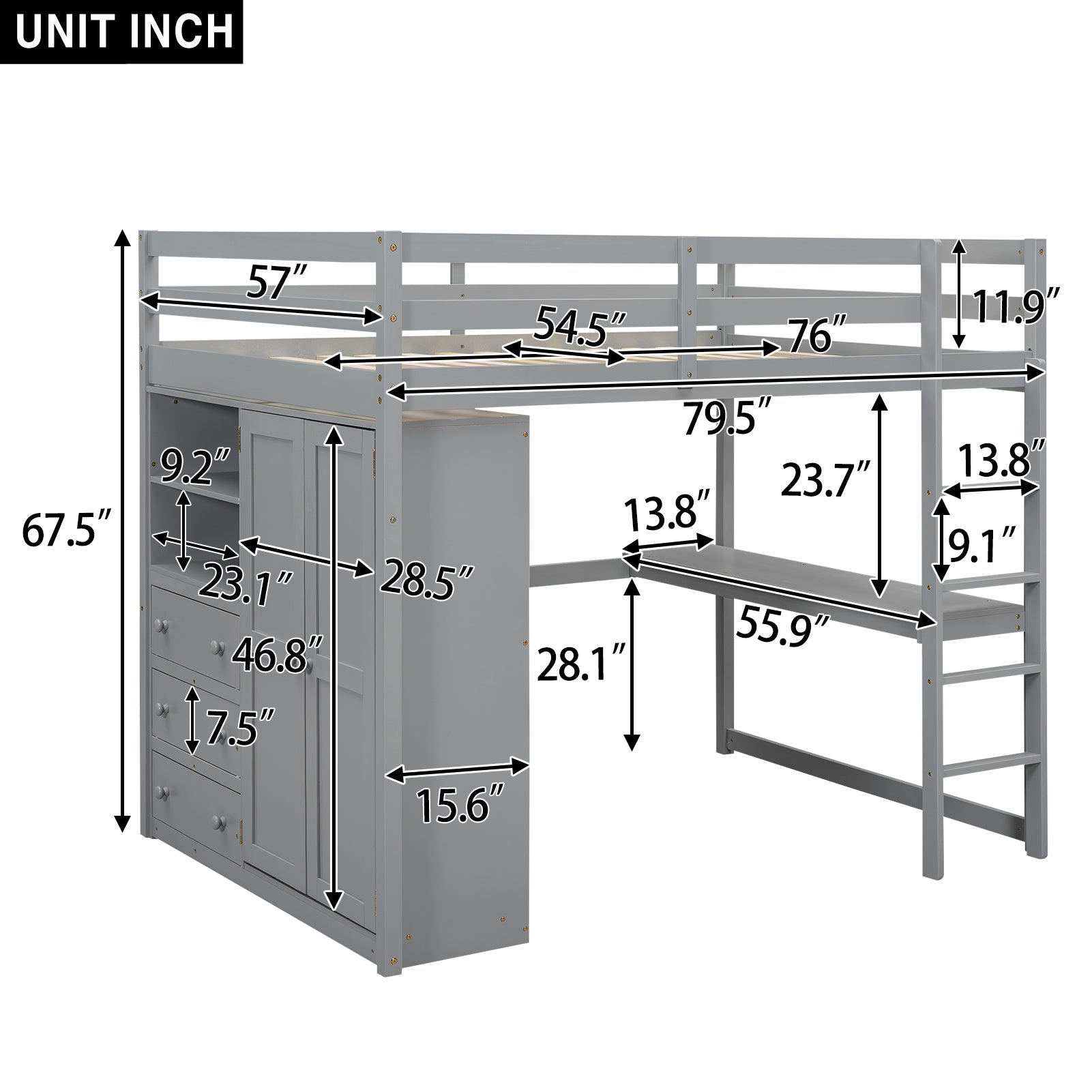 Wood Full Size Loft Bed with Built-in Wardrobe, Desk, Storage Shelves and Drawers, Gray - Atlantic Fine Furniture Melbourne FL