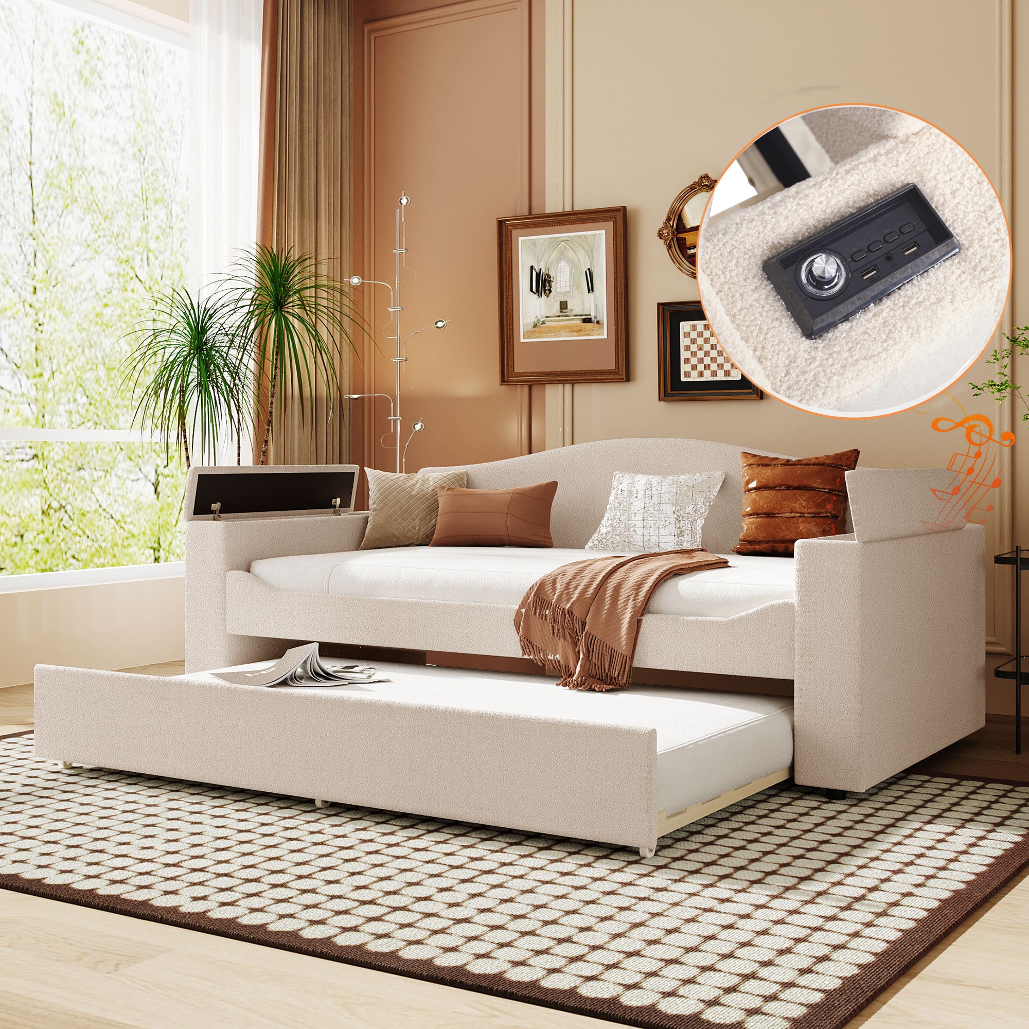 Twin Size Upholstered Daybed with Storage Armrests, Trundle and Latest Integrated Bluetooth Audio System, Teddy Fleece, Beige - Atlantic Fine Furniture Melbourne FL