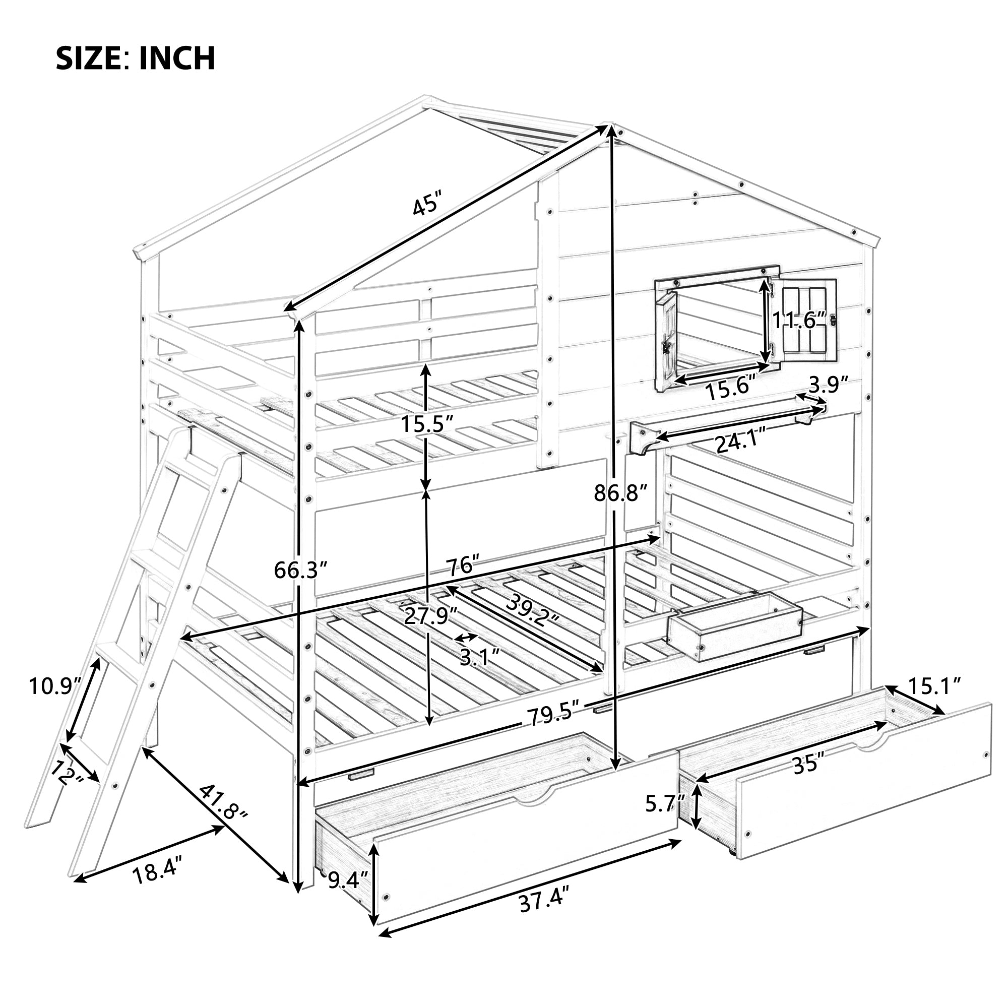Twin over Twin Bunk Bed with 2 Drawers, 1 Storage Box, 1 Shelf, Window and Roof-Gray(OLD SKU:LT000608AAE) - Atlantic Fine Furniture Melbourne FL