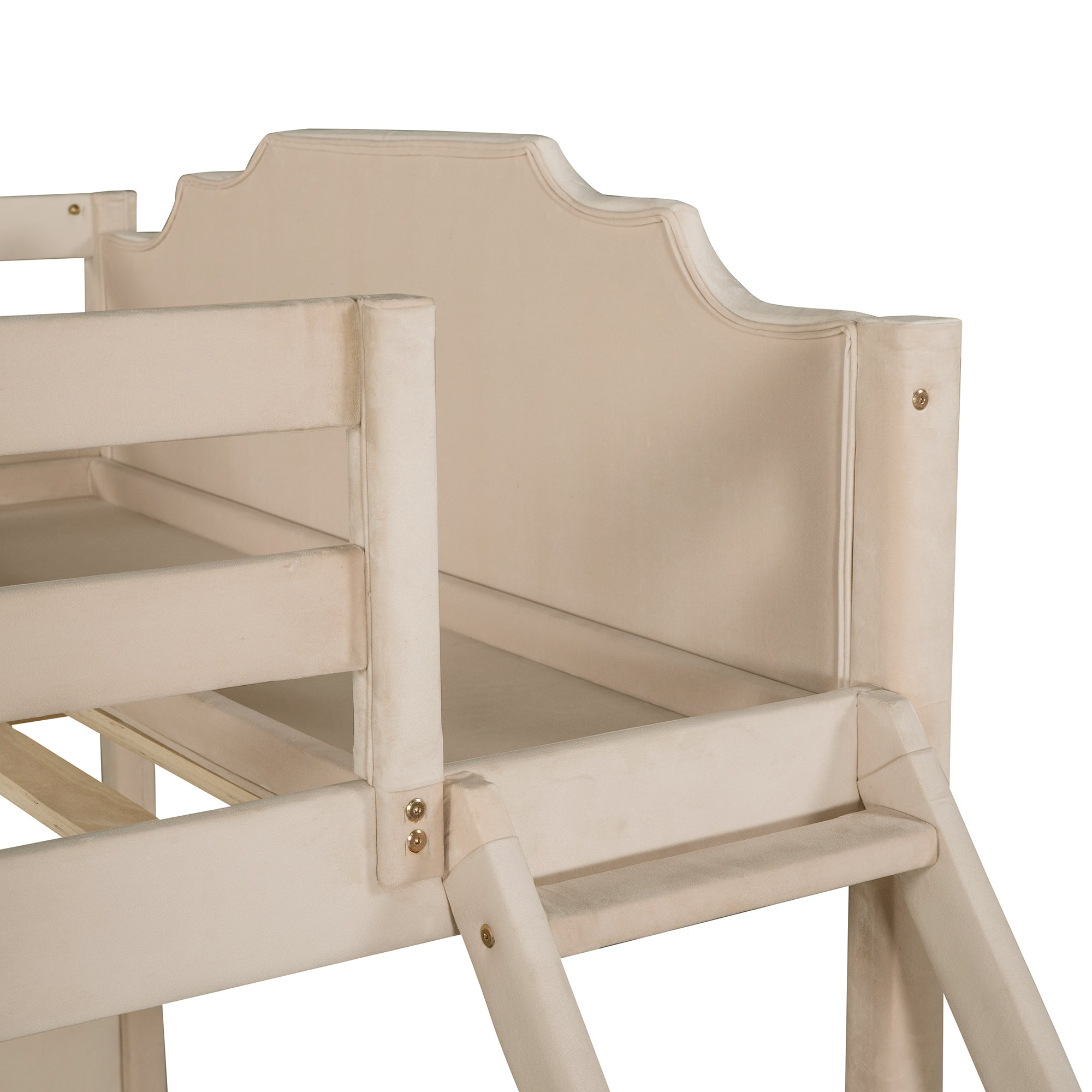 Full Over Twin & Twin Bunk Bed, Velvet Triple Bunk Bed with Drawers and Guardrails, Beige - Atlantic Fine Furniture Melbourne FL