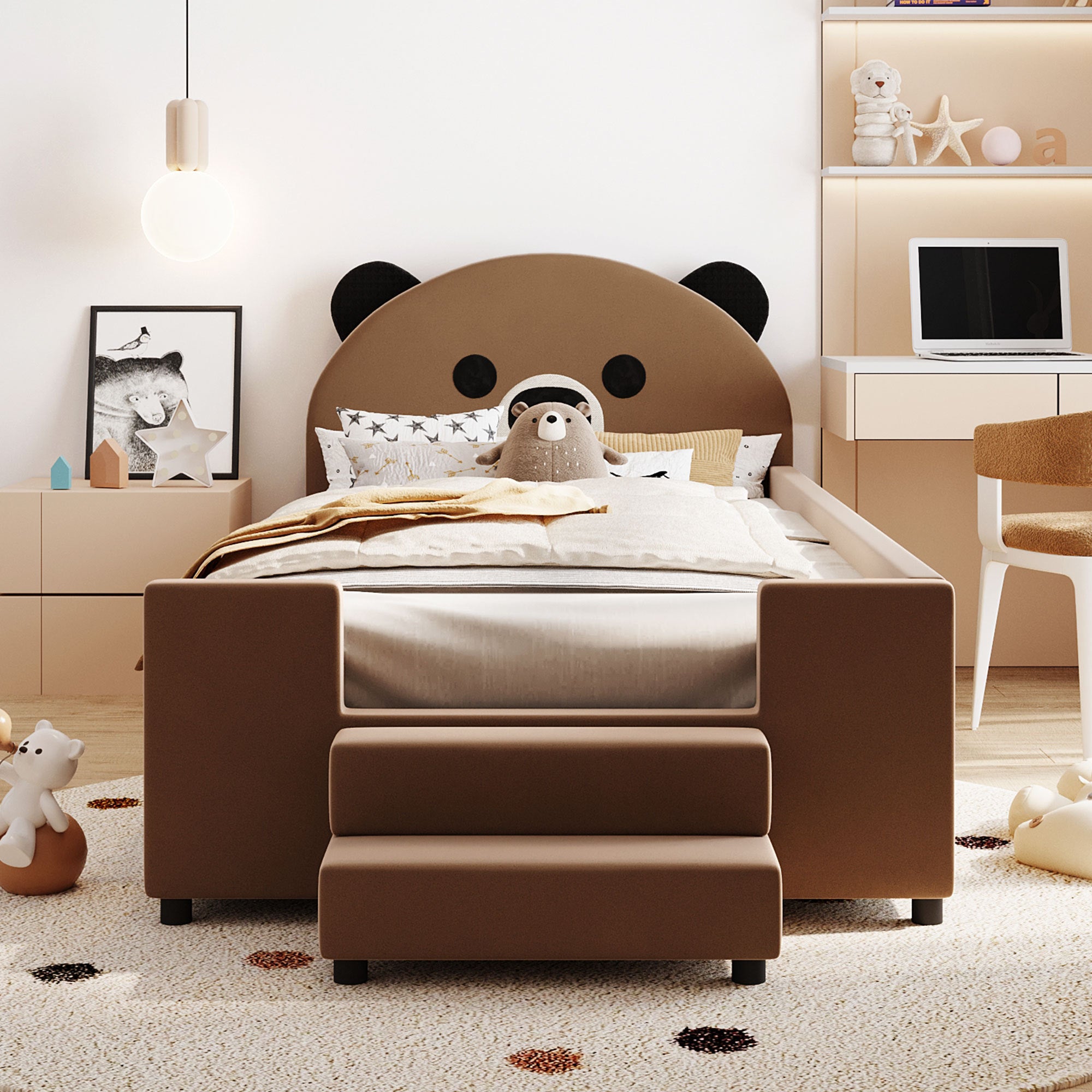 Twin Size Upholstered Daybed with Bear Shaped Headboard, Hydraulic System and Breathable Mesh Fence, Brown - Atlantic Fine Furniture Melbourne FL
