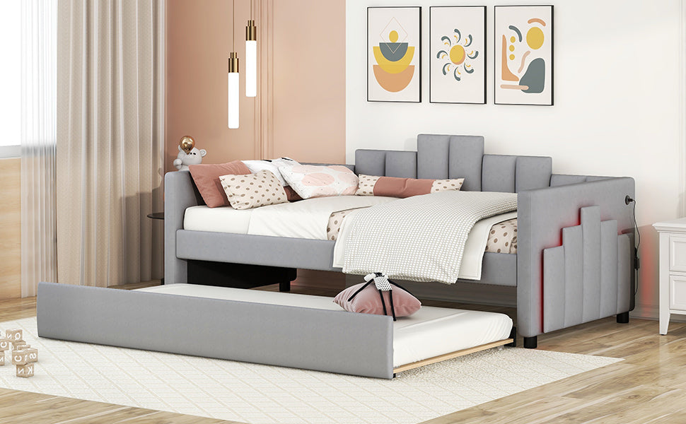 Twin Size Upholstered Daybed with Light and USB Port, Gray - Atlantic Fine Furniture Melbourne FL