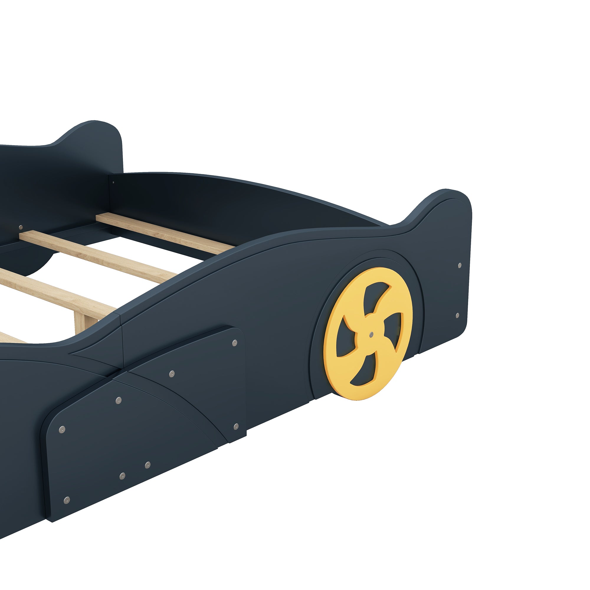 Full Size Race Car-Shaped Platform Bed with Wheels and Storage, Dark Blue+Yellow