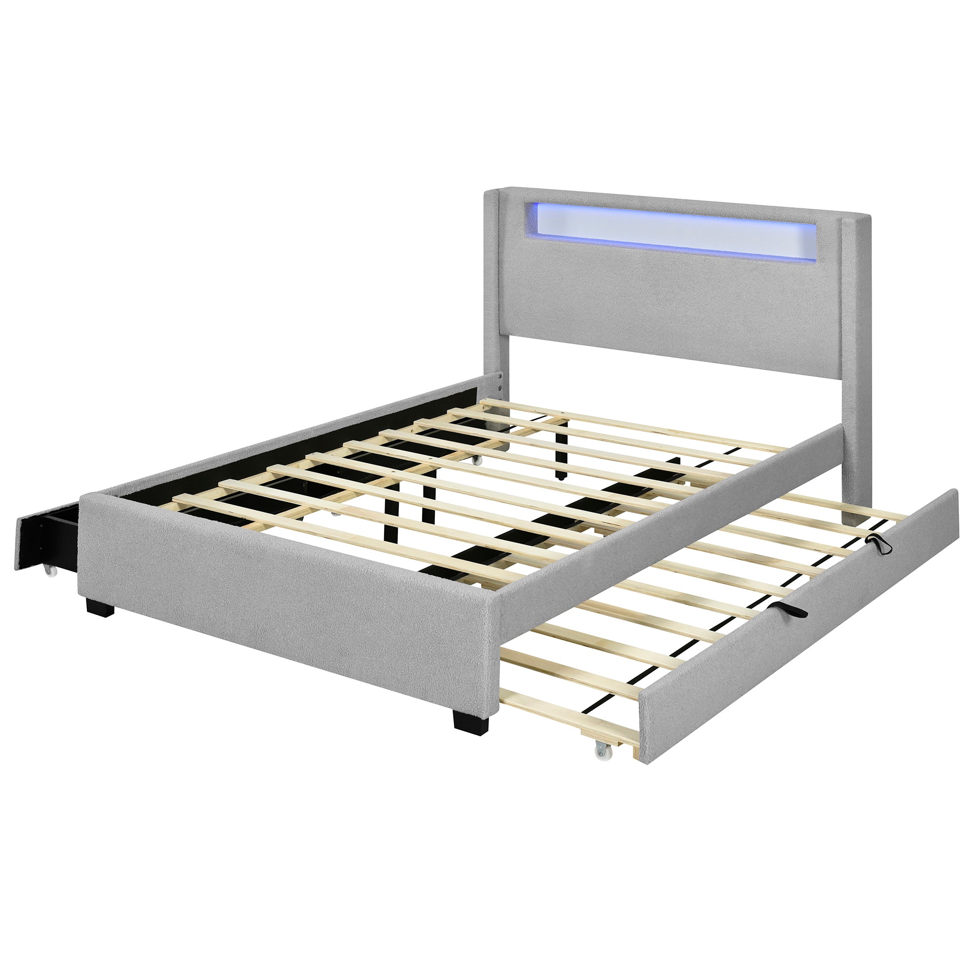 Queen Size Upholstered Platform Bed with LED Frame, with Twin XL Size Trundle and 2 drawers, Teddy Fleece, Gray