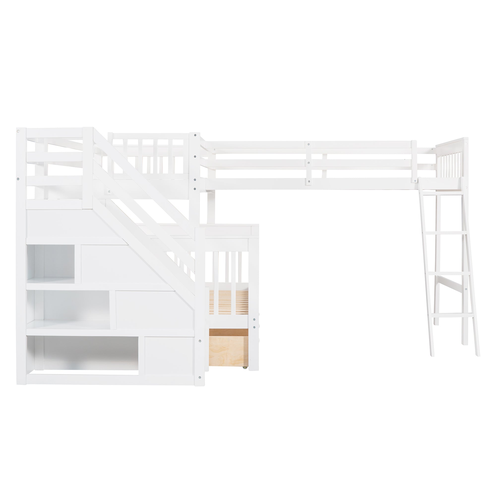 Twin over Full L-Shaped Bunk Bed With 3 Drawers, Ladder and Staircase - White - Atlantic Fine Furniture Melbourne FL