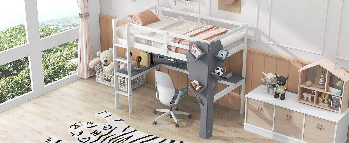 Twin Size Loft Bed with L-shaped Desk,Tree Shape Bookcase and Charging Station, White+Gray