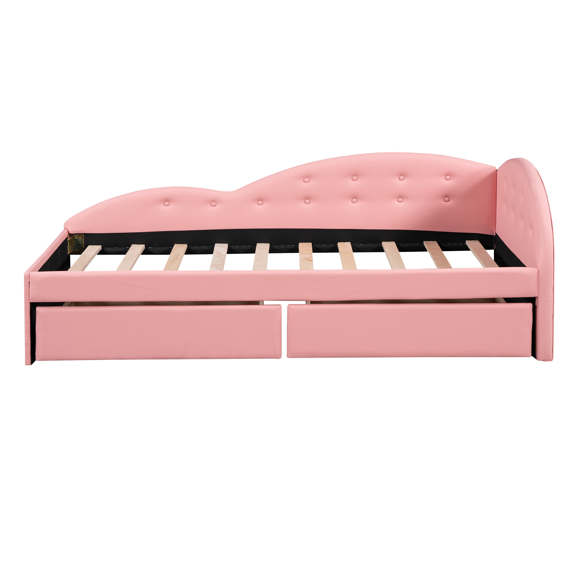 Twin Size PU Upholstered Tufted Daybed with Two Drawers and Cloud Shaped Guardrail, Pink - Atlantic Fine Furniture Melbourne FL