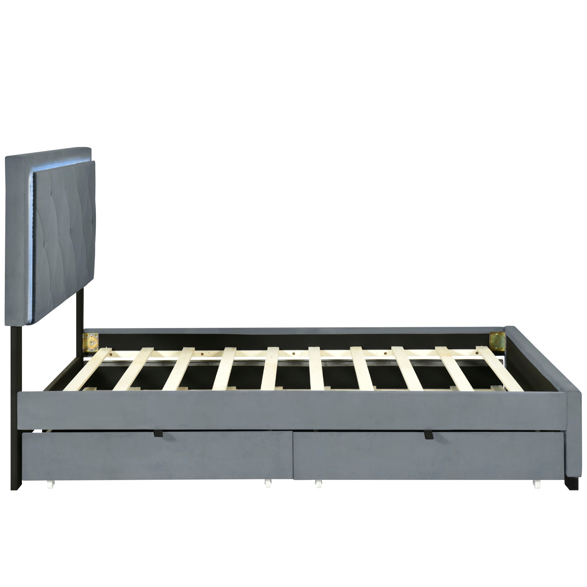 Full Size Velvet Storage Platform Bed, with 2 Big Drawers, T Size Trundle and LED Light, Gray - Atlantic Fine Furniture Melbourne FL