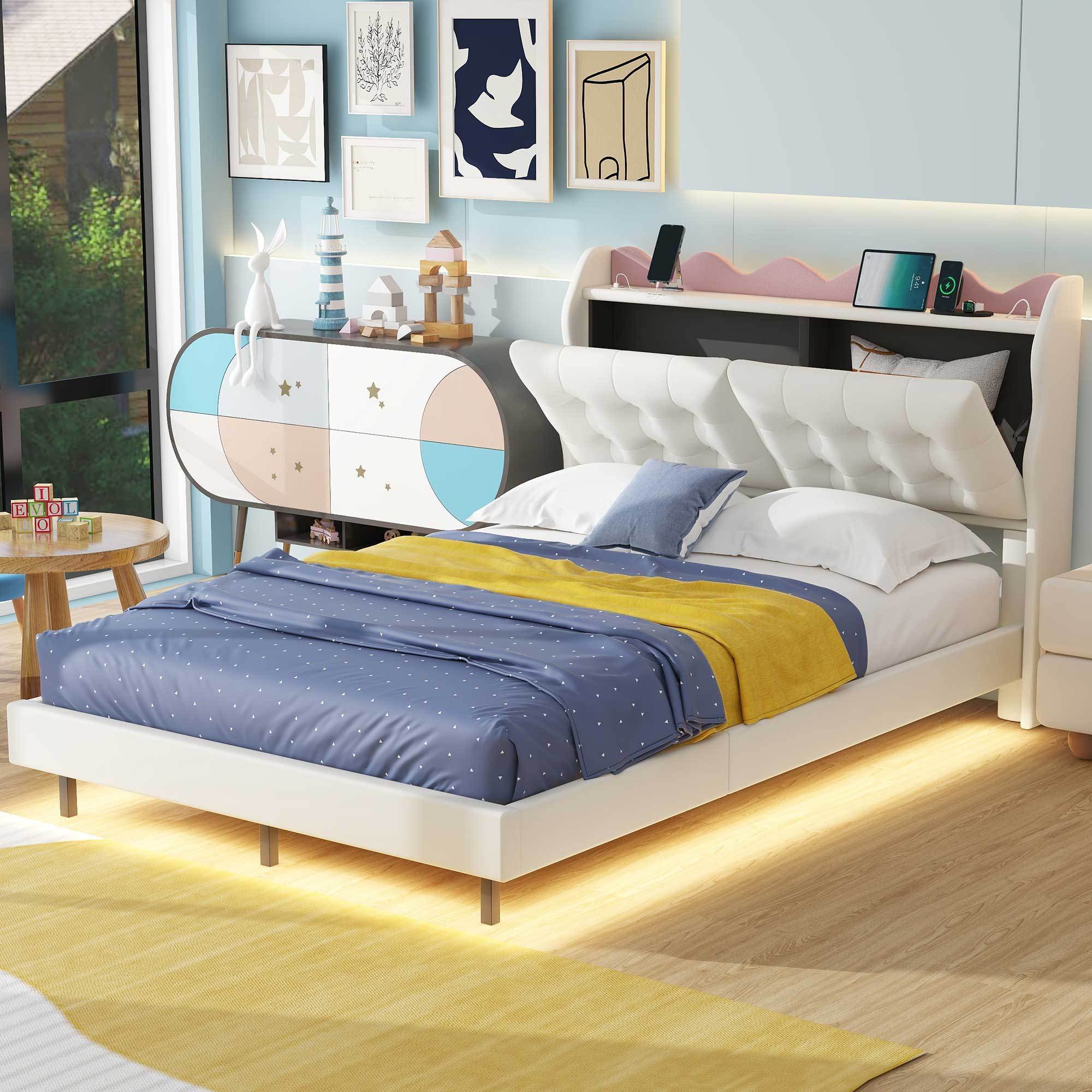 Full Size Upholstery Platform Bed Frame with LED Light Strips,Headboard Storage Space and Two USB Charging Deisgn,Beige