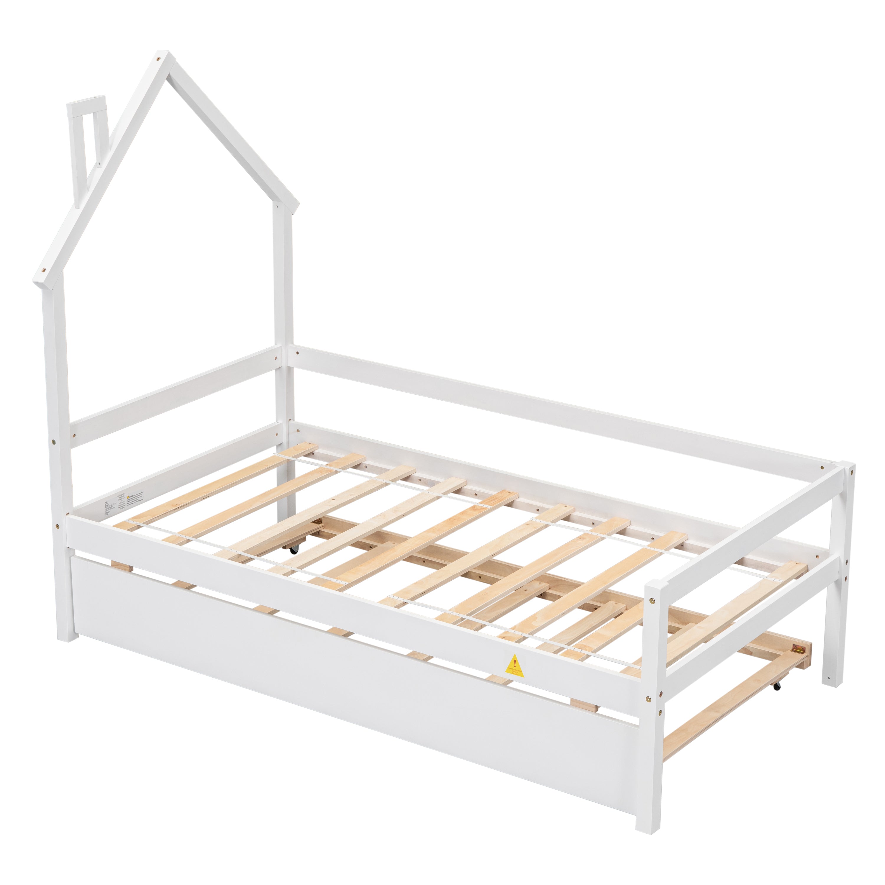 Twin House Wooden Daybed with trundle, Twin House-Shaped Headboard bed with Guardrails,White