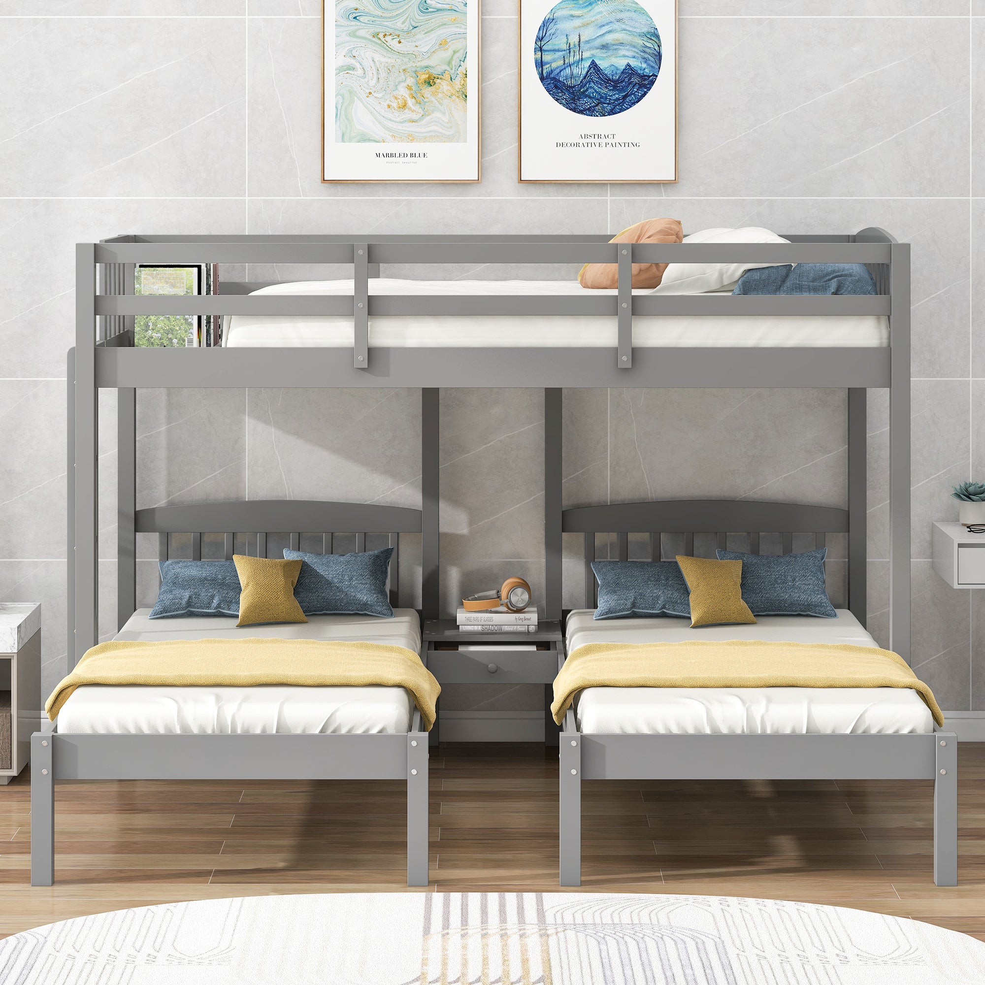 Twin over Twin & Twin Bunk Bed with Built-in Middle Drawer, Gray - Atlantic Fine Furniture Melbourne FL