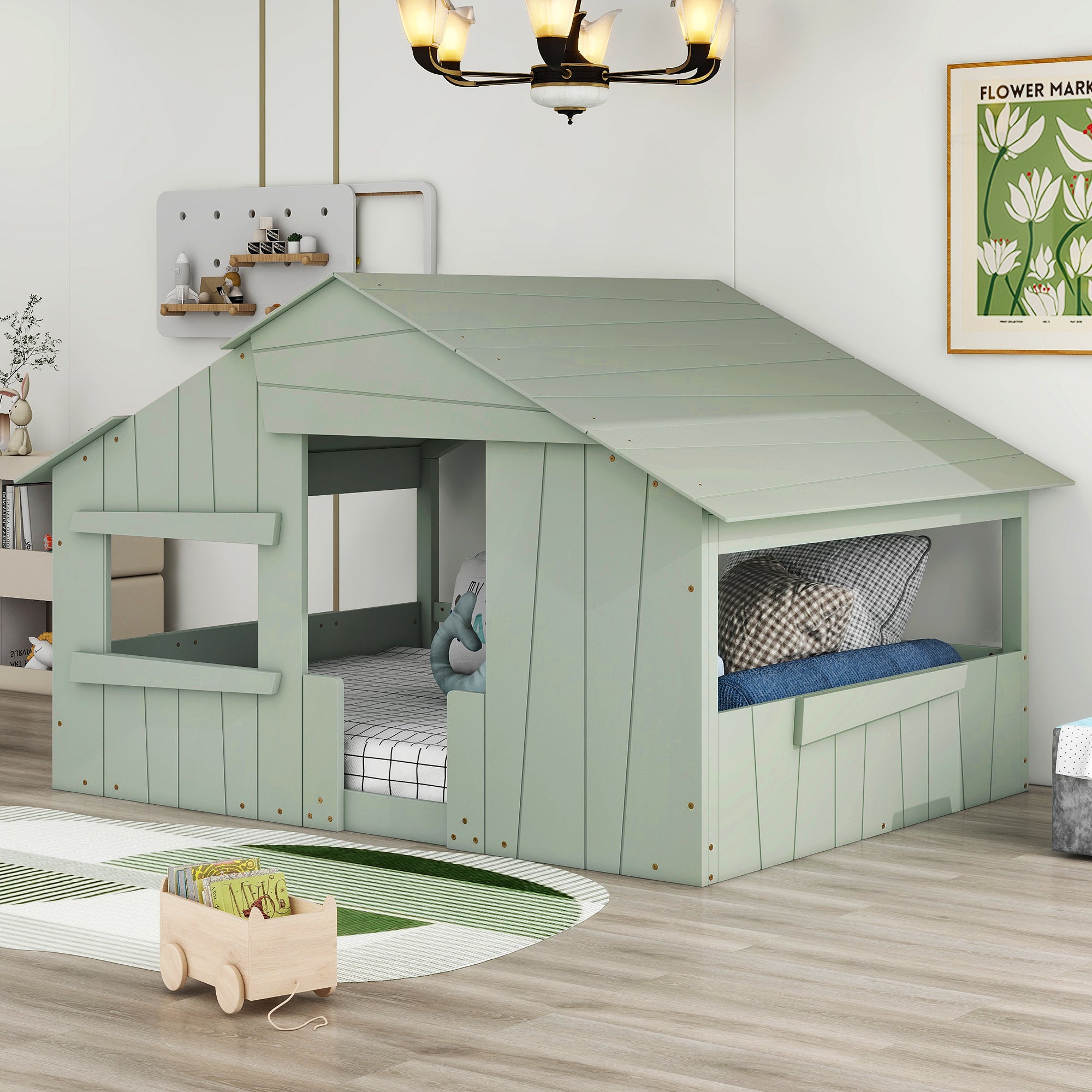Wood Full Size House Bed with Roof, Window and Guardrail, Light Green - Atlantic Fine Furniture Melbourne FL