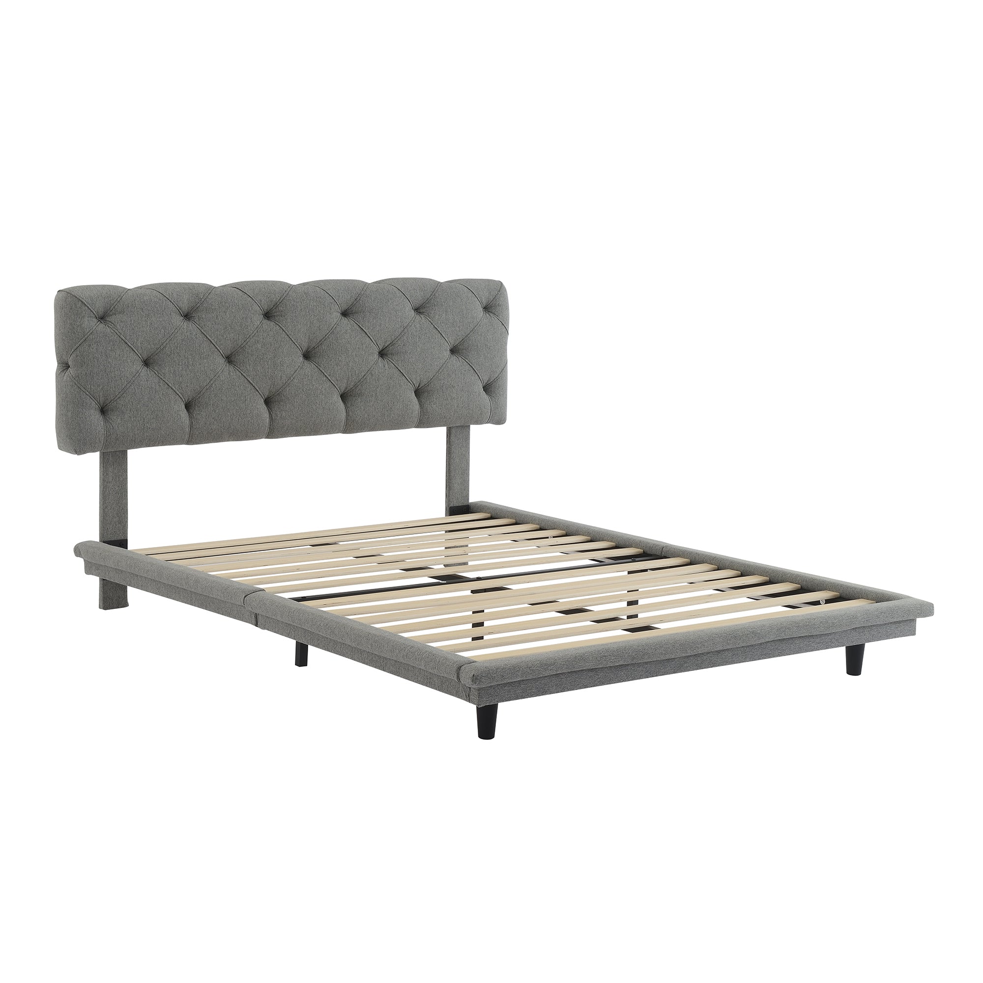 Full Size Upholstered Bed with Light Stripe, Floating Platform Bed, Linen Fabric,Gray - Atlantic Fine Furniture Melbourne FL