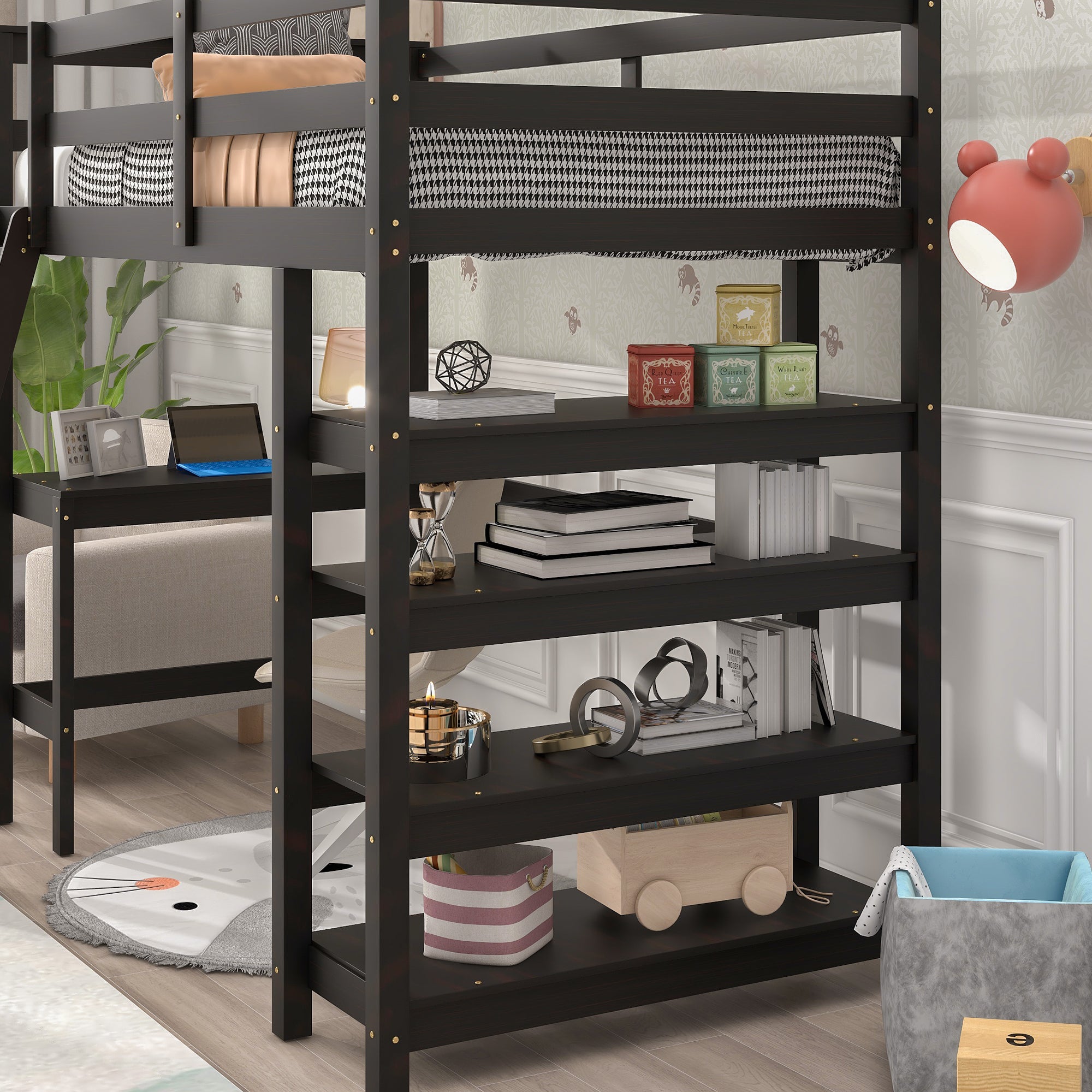 Twin Loft Bed with desk,ladder,shelves , Espresso - Atlantic Fine Furniture Melbourne FL